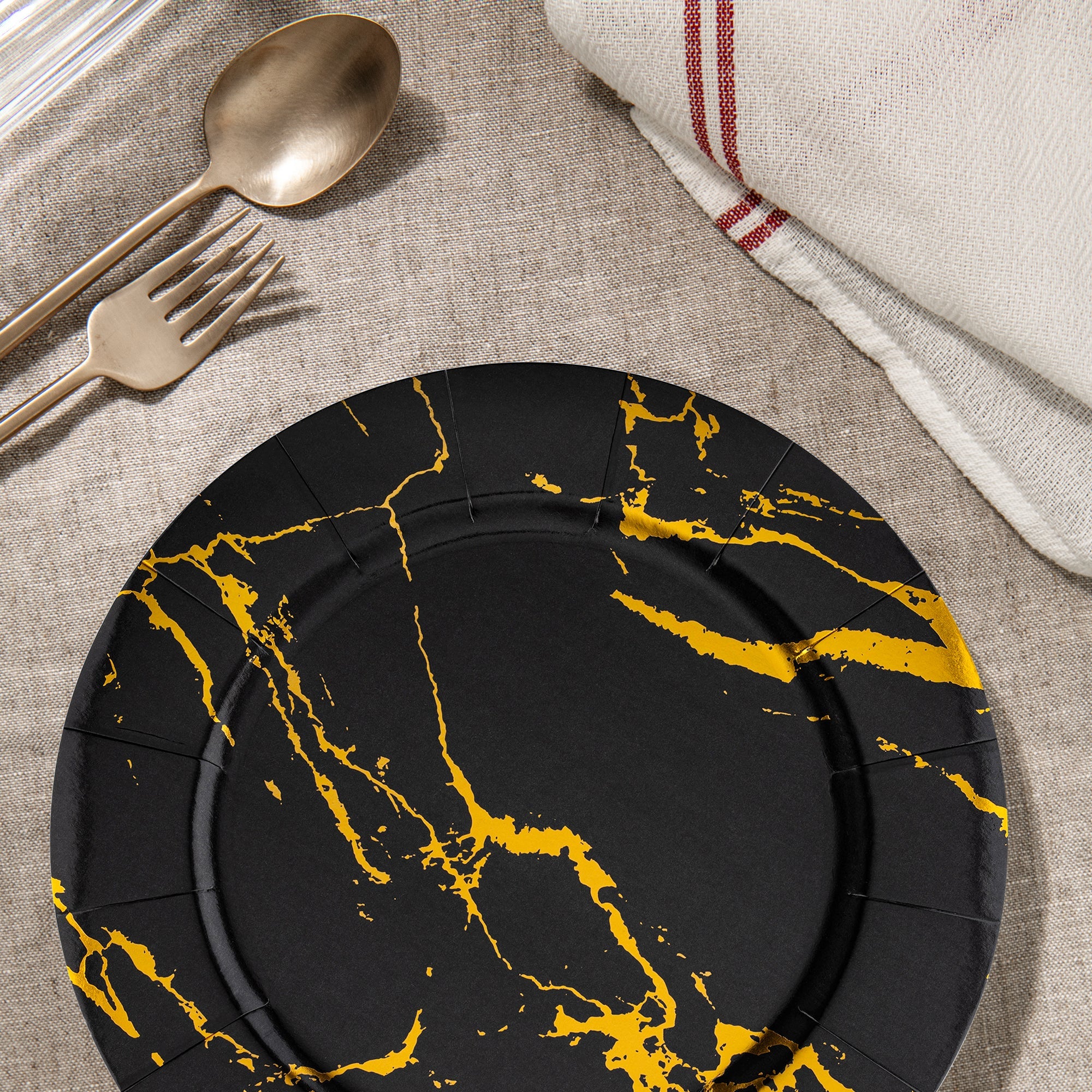 Black with Gold Marble Round Disposable Paper Charger Plates (13")