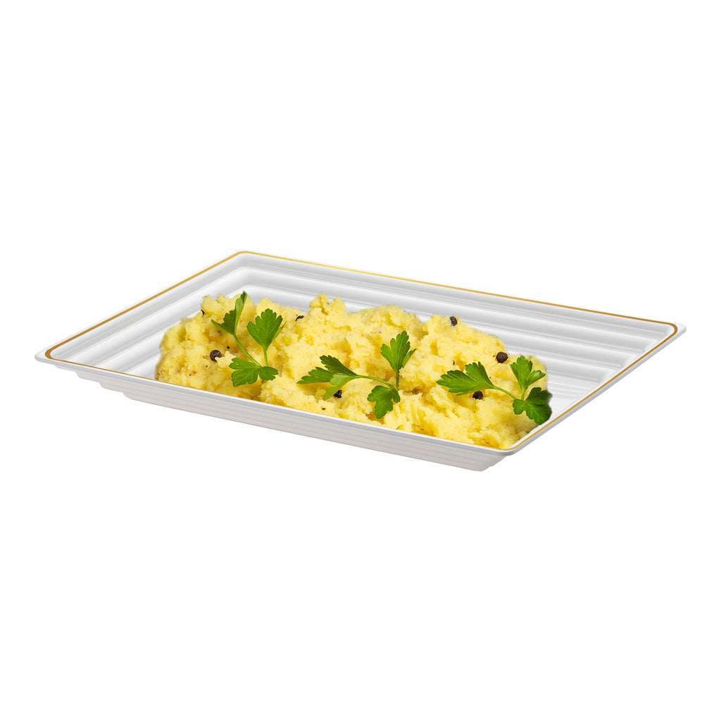 9" x 13" White with Gold Rim Rectangular Plastic Serving Trays
