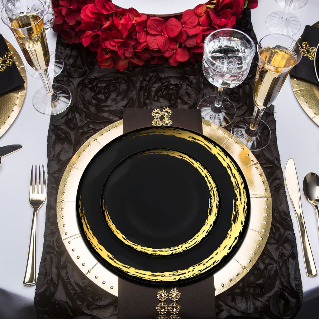 Black with Gold Moonlight Round Disposable Plastic Wedding Value Set