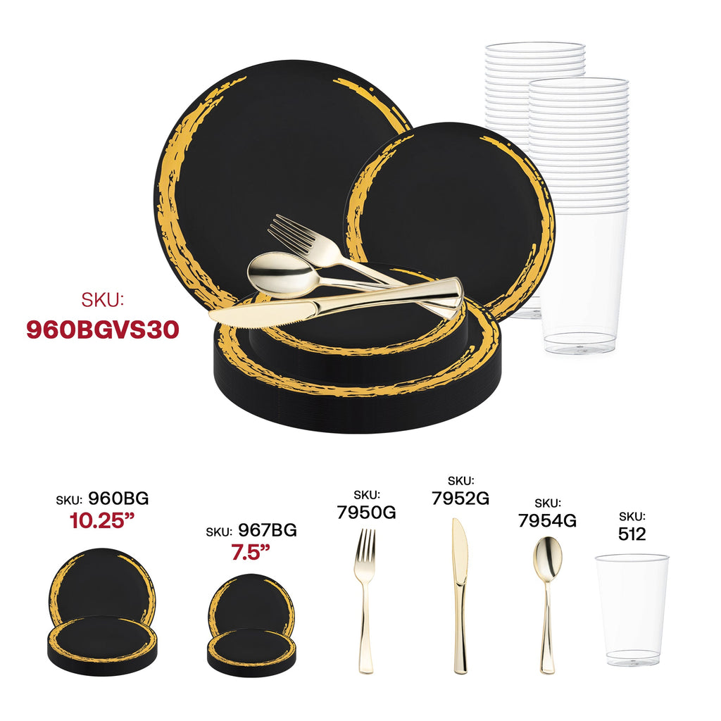 Black with Gold Moonlight Round Disposable Plastic Wedding Value Set