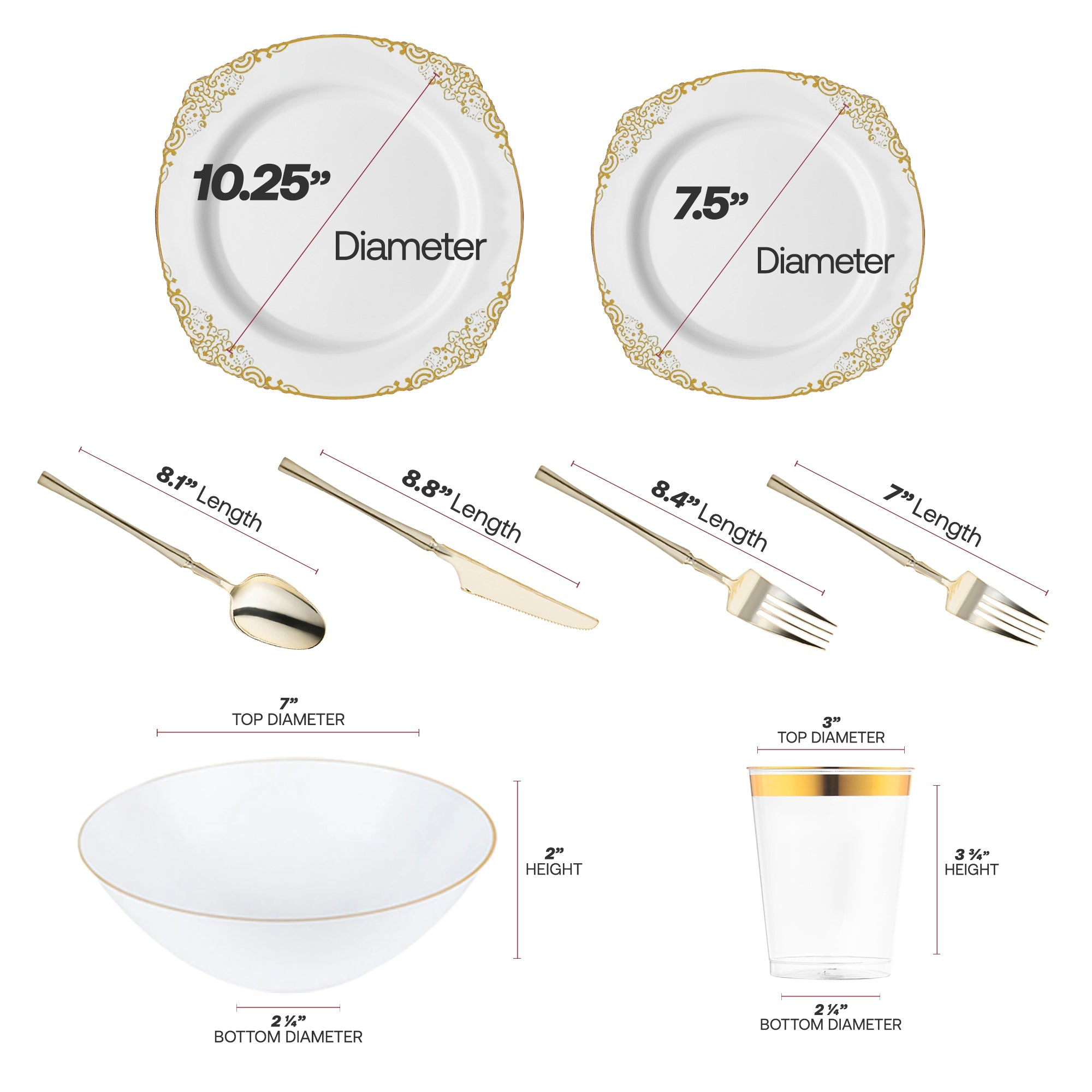 White with Gold Fancy Round Disposable Plastic Tableware Set