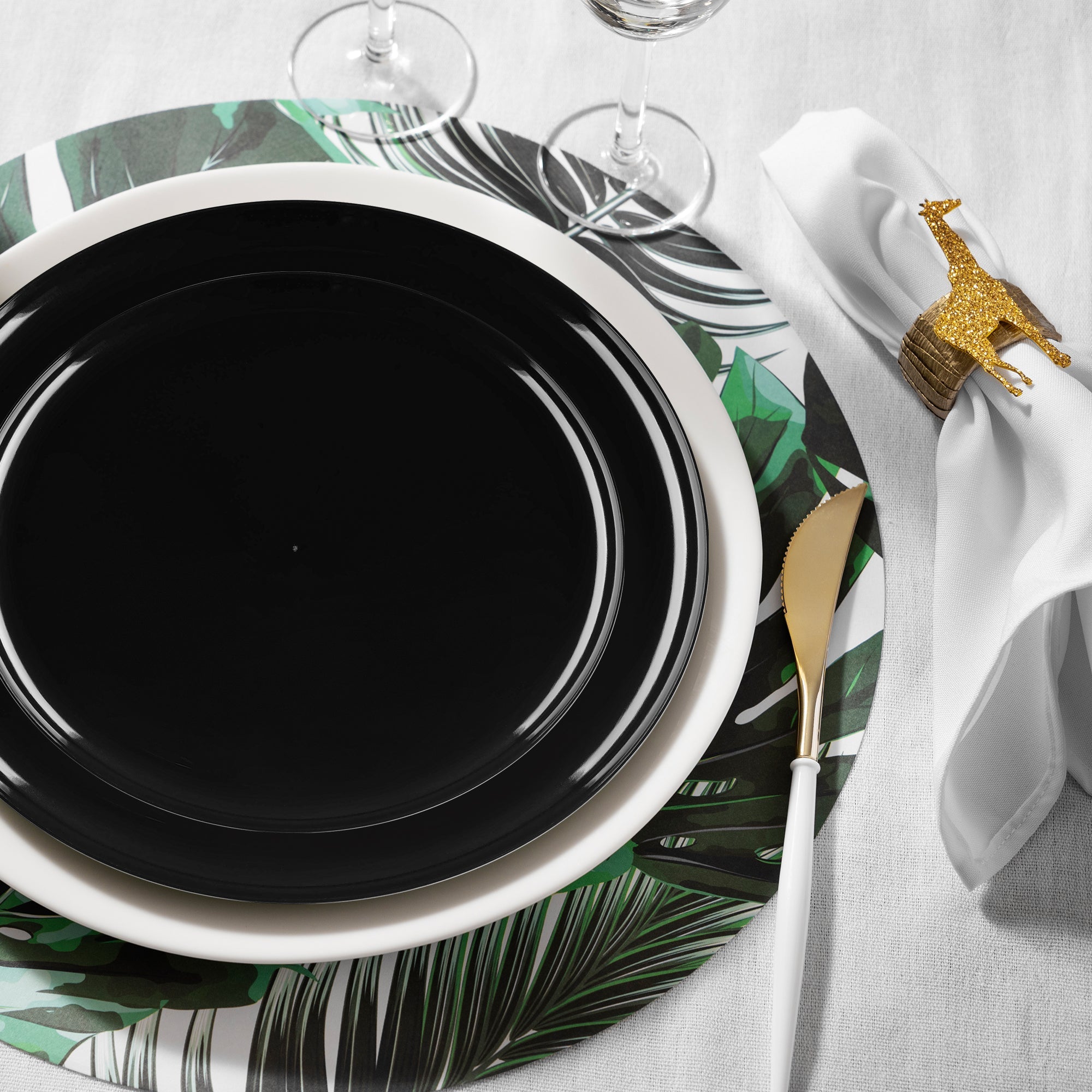 Black Flat Round Disposable Plastic Dinnerware Value Set