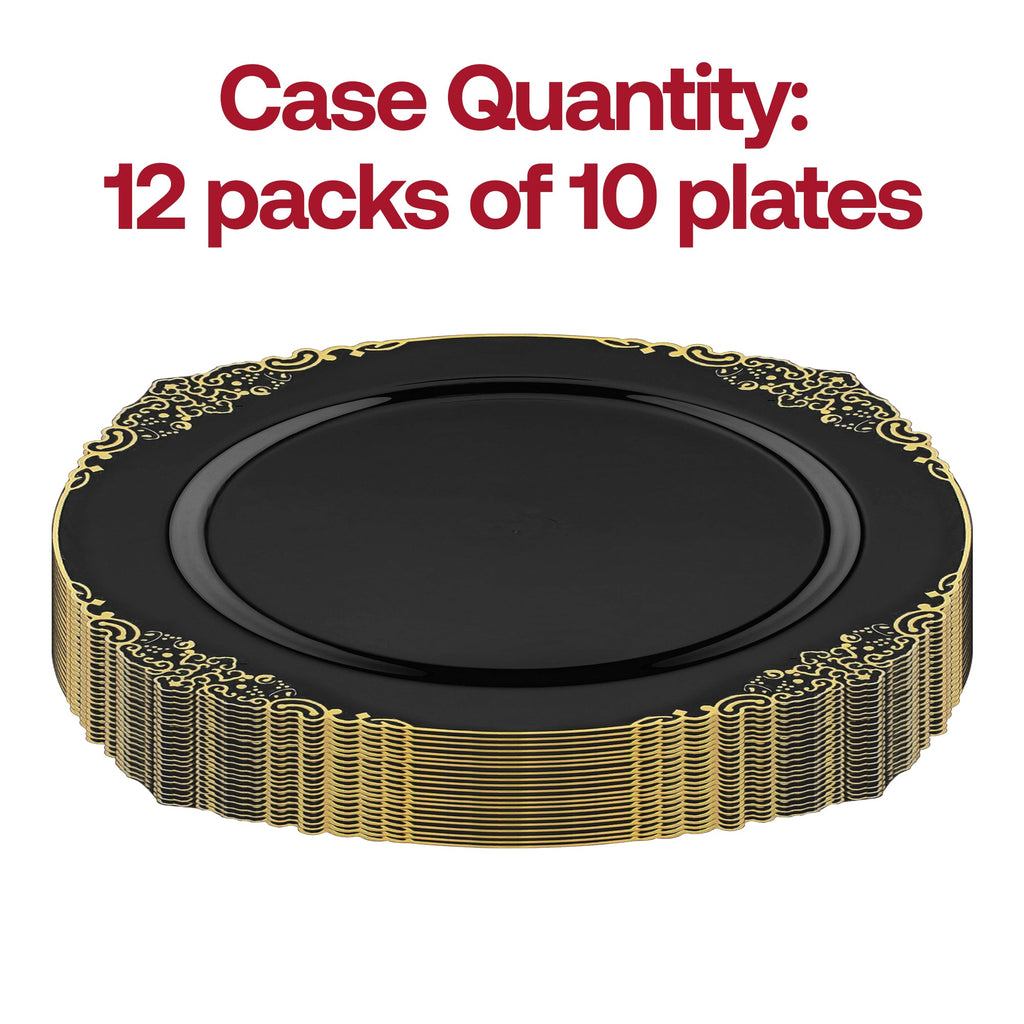 Black with Gold Fancy Round Disposable Plastic Dinner Plates (10.25”)