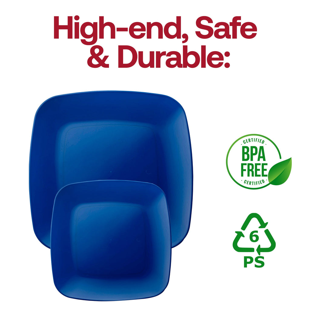 Blue Flat Rounded Square Disposable Plastic Buffet Plates (8.5")