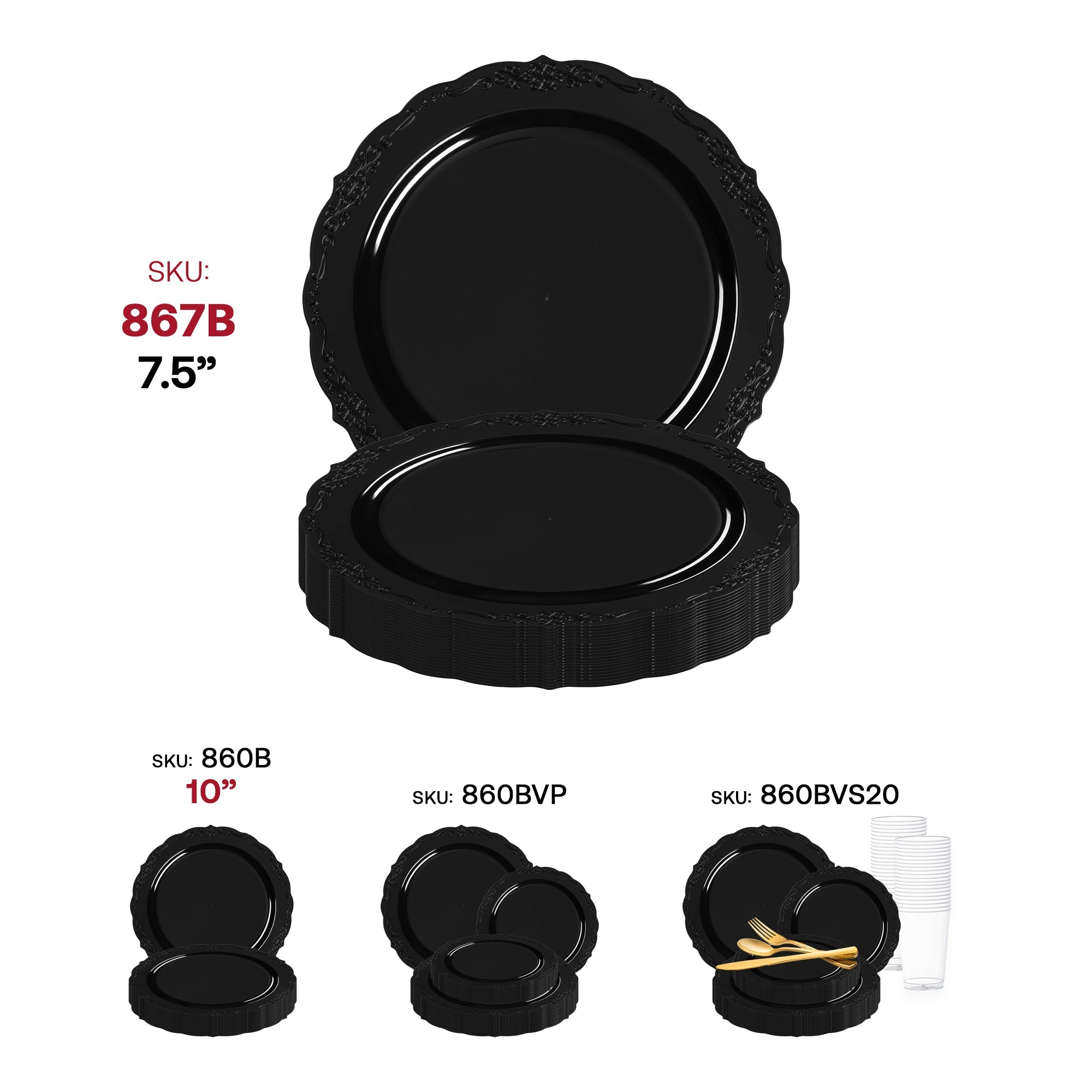 Black Vintage Rim Round Disposable Plastic Appetizer/Salad Plates (7.5")