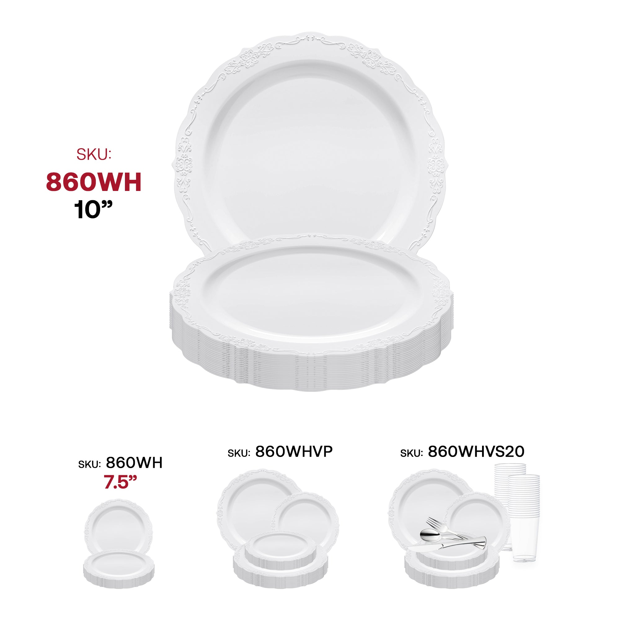 White Vintage Round Disposable Plastic Dinner Plates (10")