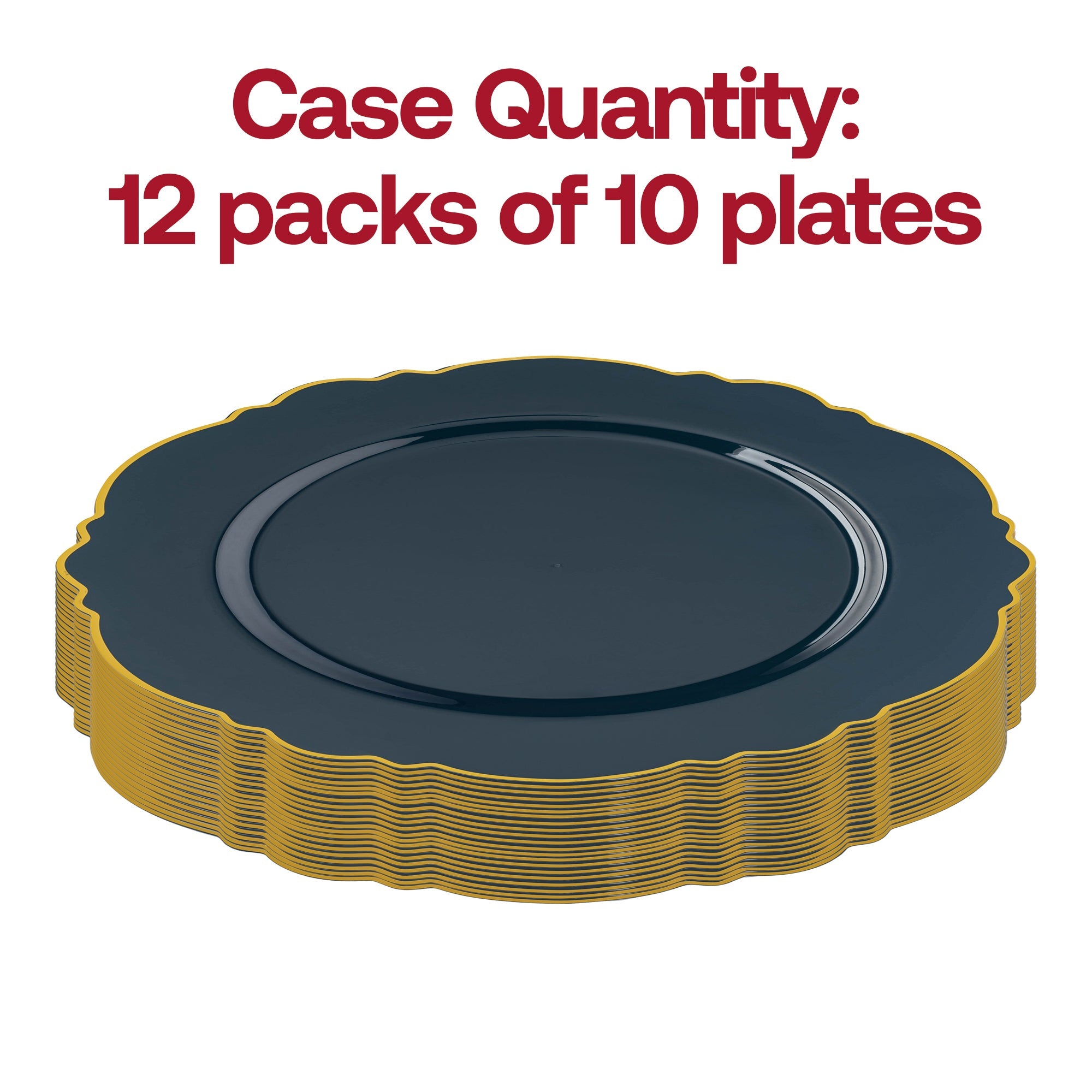 Navy with Gold Rim Round Blossom Disposable Plastic Dinner Plates (10.25")