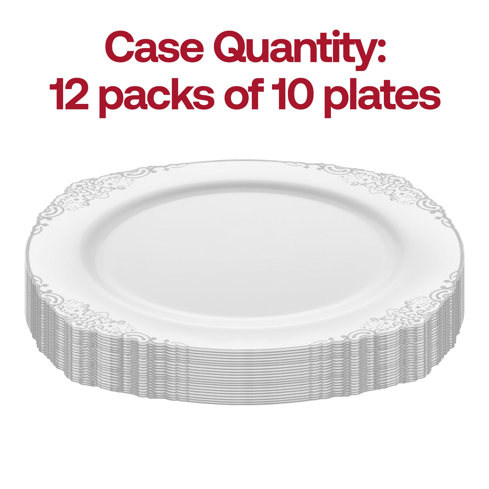 White with Silver Fancy Round Disposable Plastic Dinner Plates (10.25”)