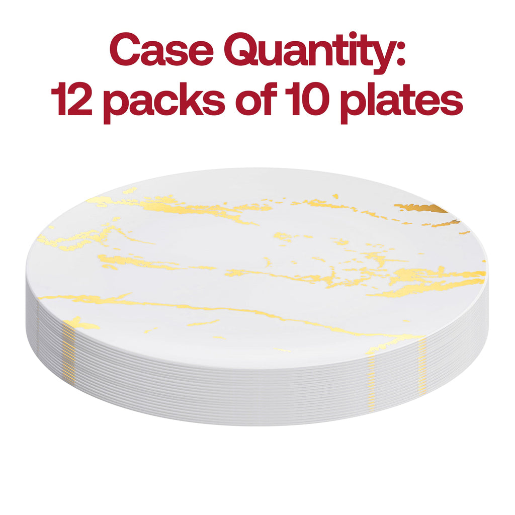 White with Gold Marble Stroke Round Disposable Plastic Dinner Plates (10.25")