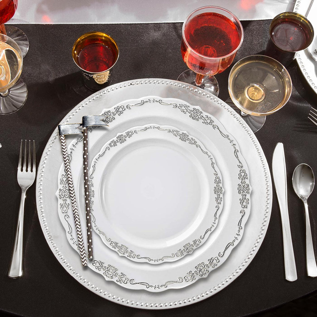 White with Silver Vintage Rim Round Disposable Plastic Dinner Plates (10")