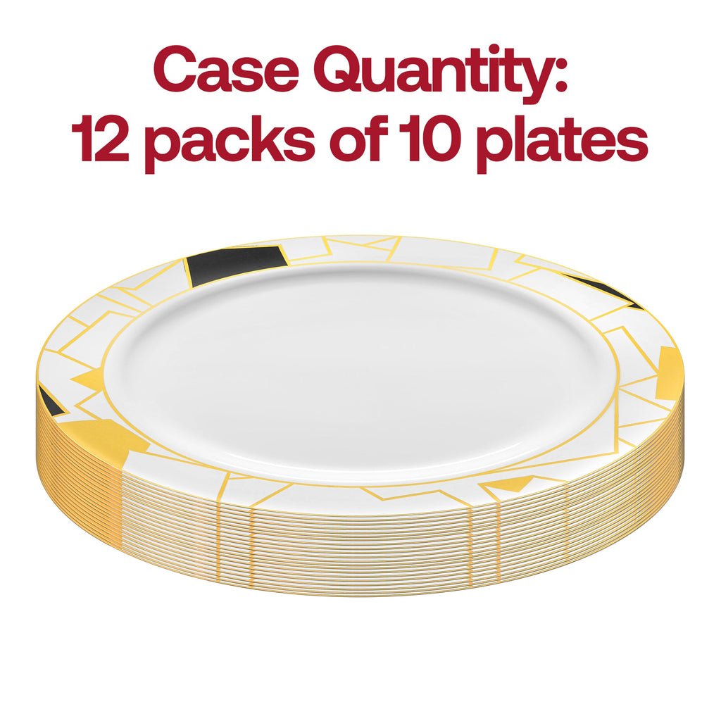 White with Black and Gold Abstract Squares Pattern Round Disposable Plastic Dinner Plates (10.25")