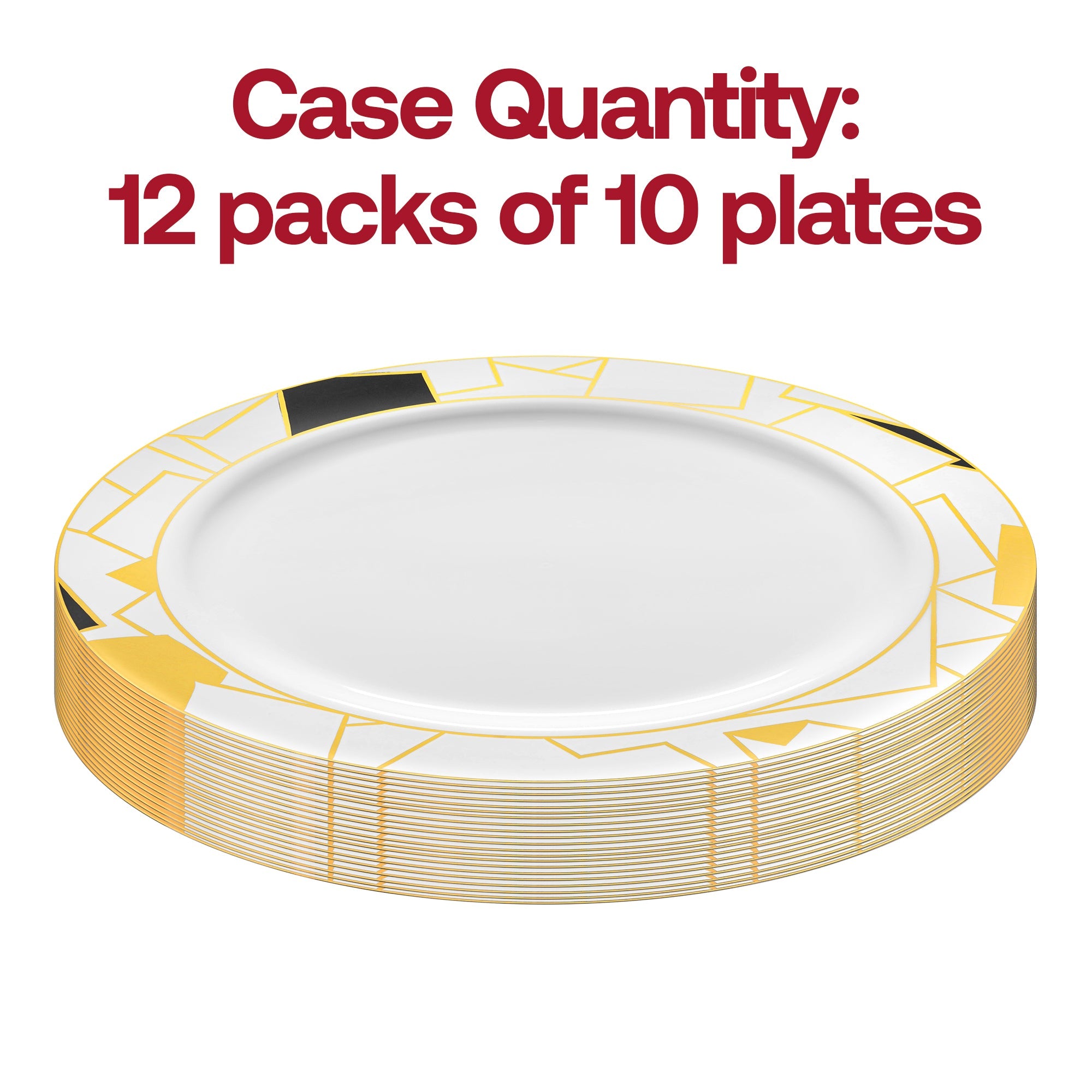 White with Black and Gold Abstract Squares Pattern Round Disposable Plastic Dinner Plates (10.25")