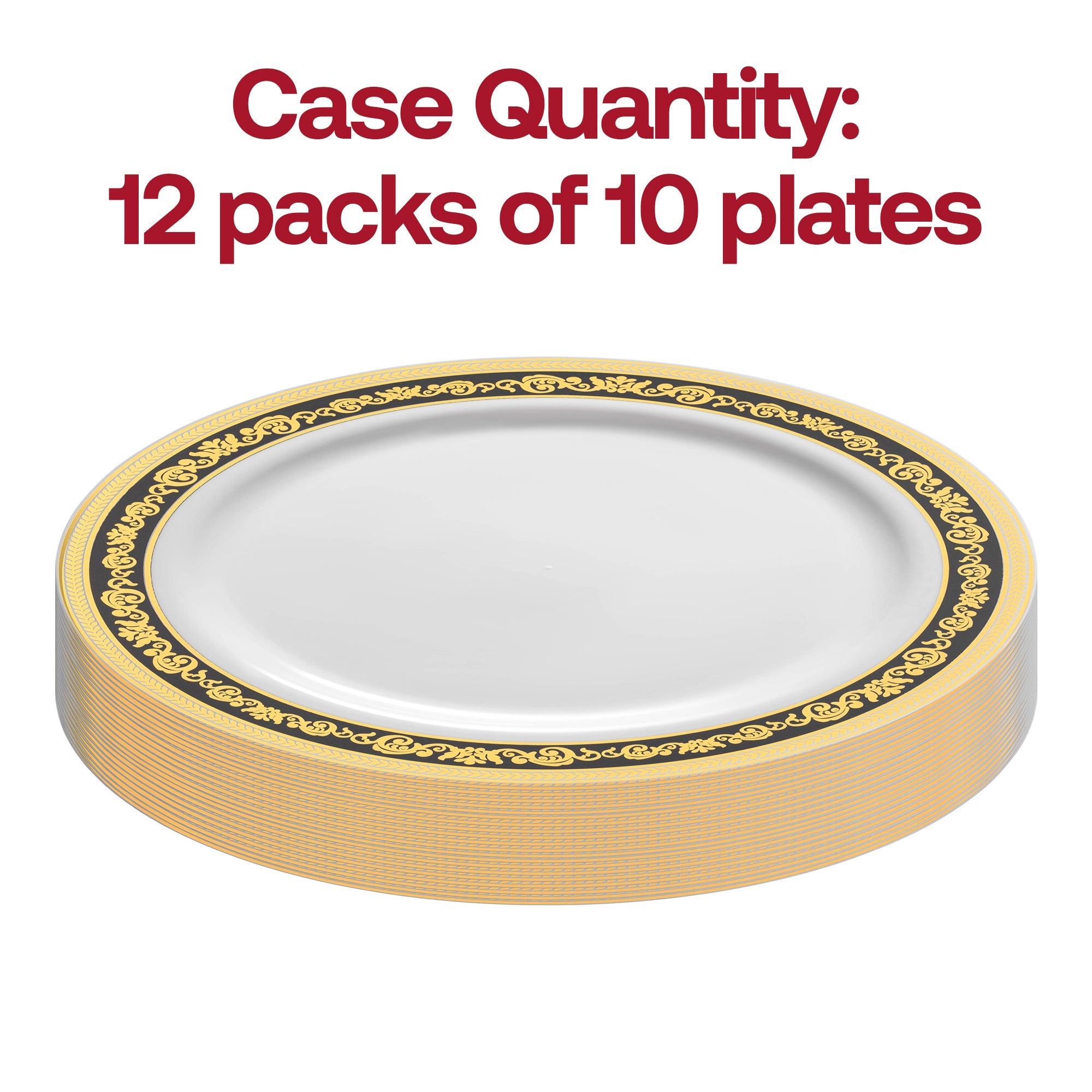 White with Black and Gold Royal Rim Plastic Dinner Plates (10.25")