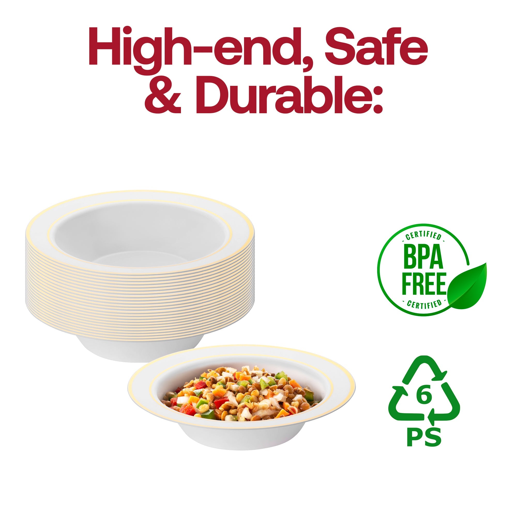 White with Gold Edge Rim Plastic Soup Bowls (12 oz.)