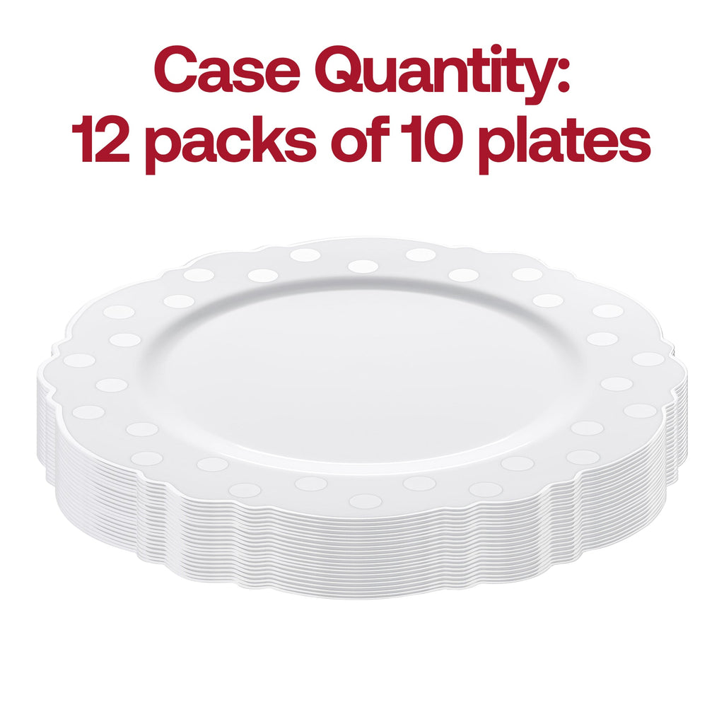 White with Silver Dots Round Blossom Disposable Plastic Dinner Plates (10.25")