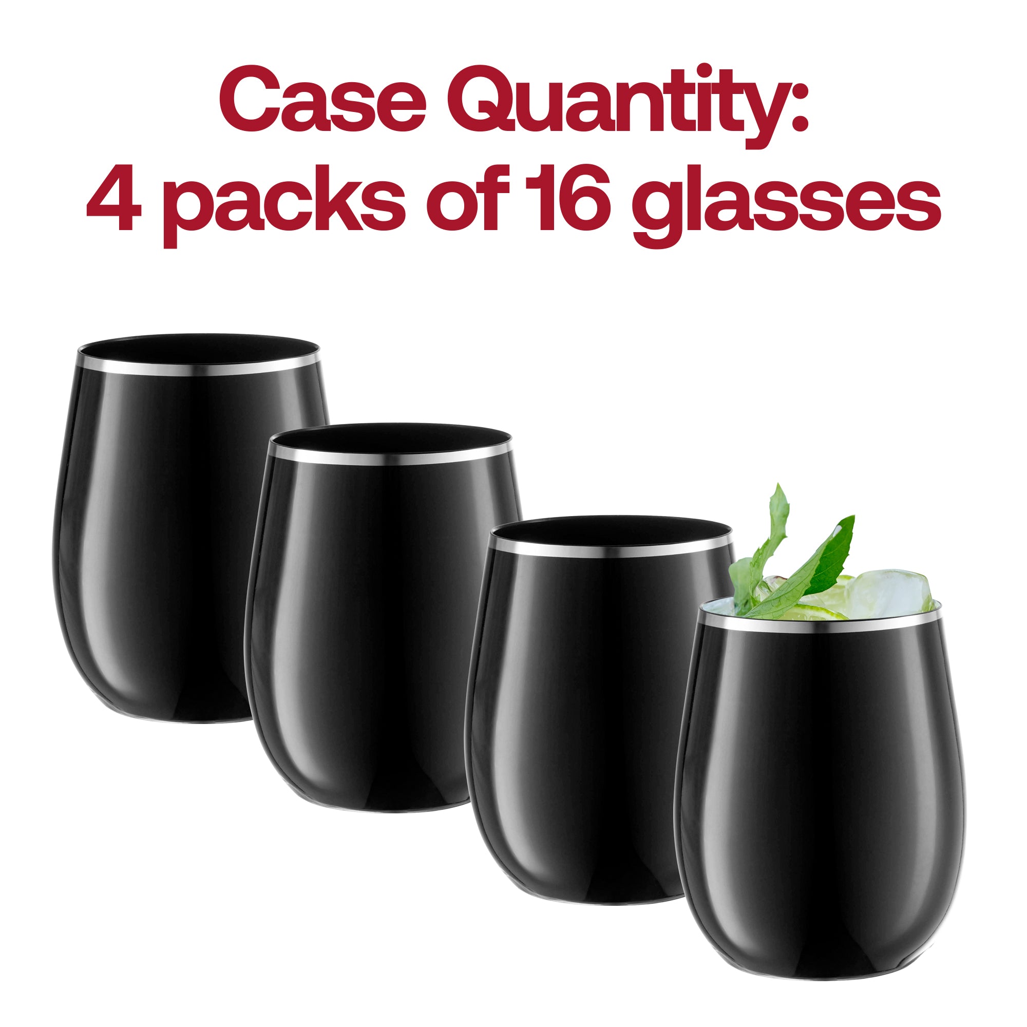 Black with Silver Elegant Stemless Plastic Wine Glasses (12 oz. )