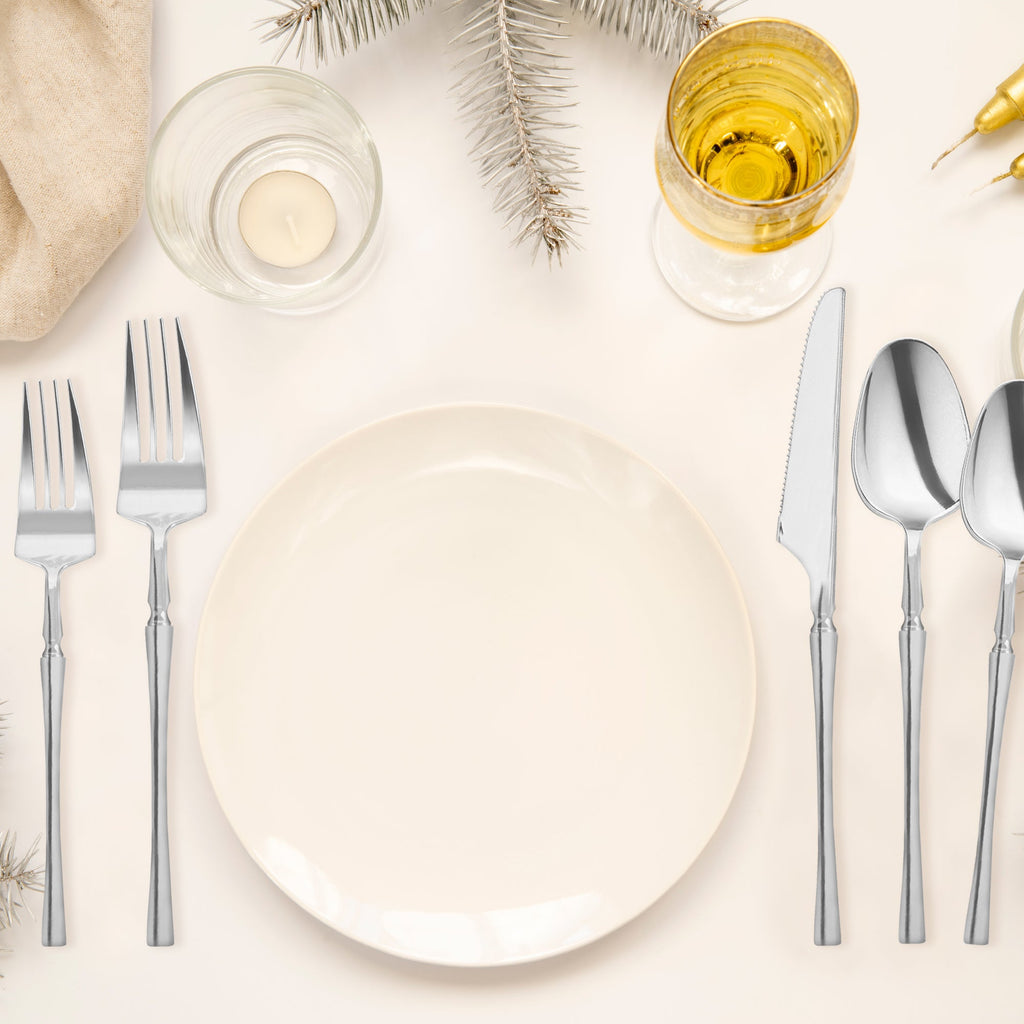 Shiny Silver Moderno Disposable Plastic Cutlery Set - 20 Spoons, 20 Forks, 20 Knives, 20 Dessert Spoons, and 20 Dessert Forks