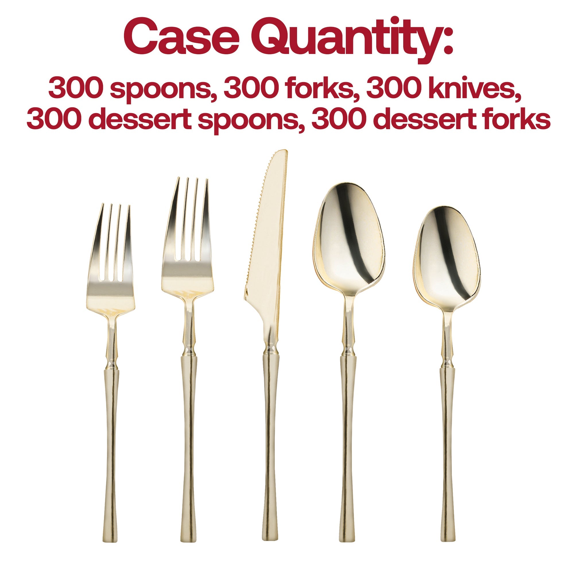 Shiny Gold Moderno Disposable Plastic Cutlery Set - 20 Spoons, 20 Forks, 20 Knives, 20 Dessert Spoons, and 20 Dessert Forks