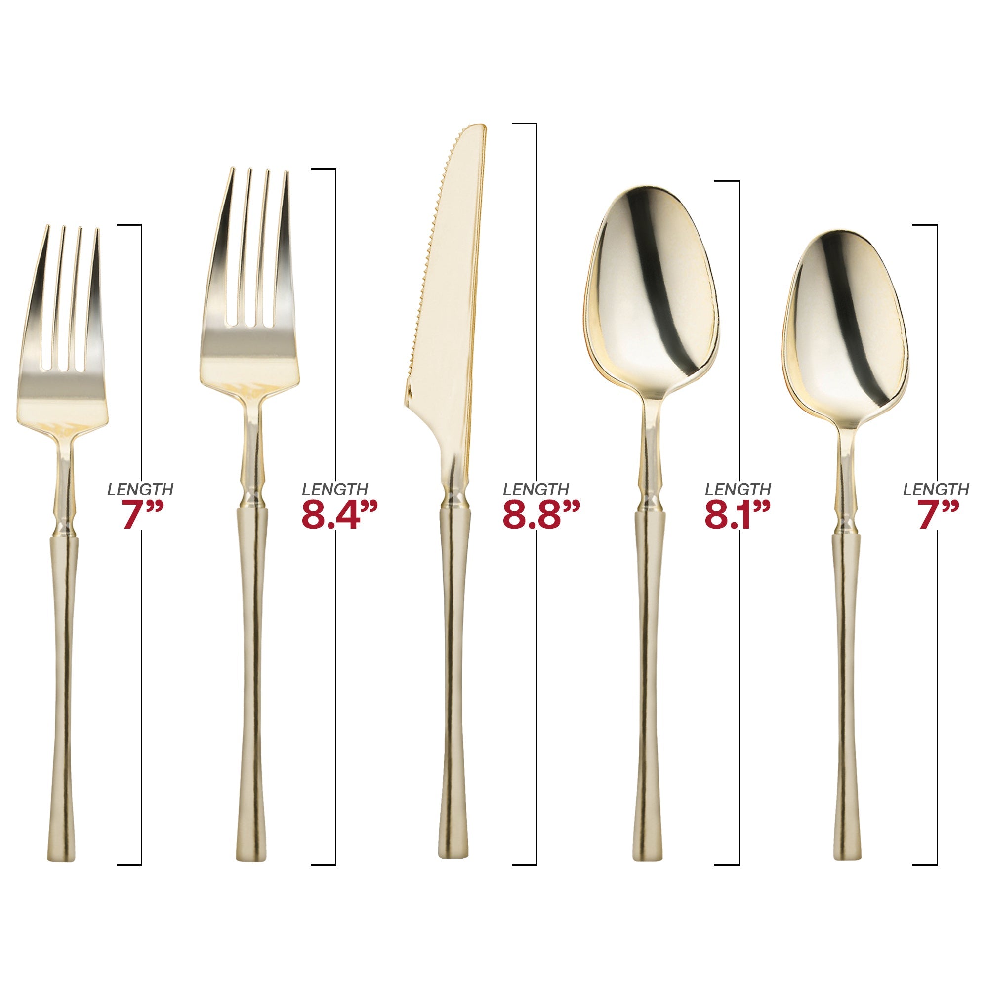 Shiny Gold Moderno Disposable Plastic Cutlery Set - 20 Spoons, 20 Forks, 20 Knives, 20 Dessert Spoons, and 20 Dessert Forks