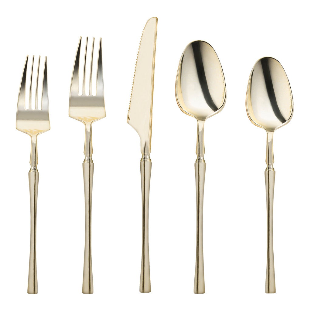 Shiny Gold Moderno Disposable Plastic Cutlery Set - 20 Spoons, 20 Forks, 20 Knives, 20 Dessert Spoons, and 20 Dessert Forks