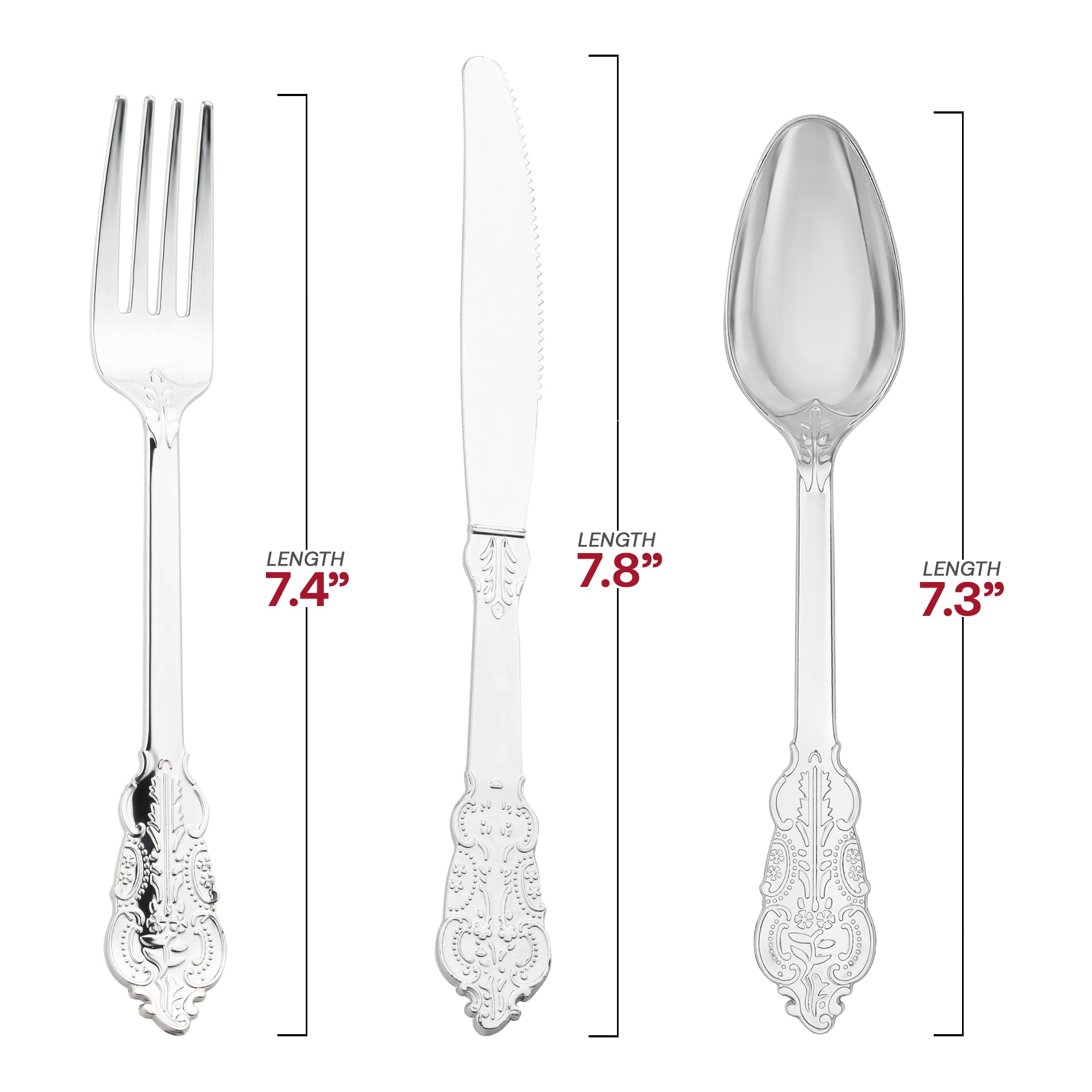 Shiny Metallic Silver Baroque Plastic Cutlery Set