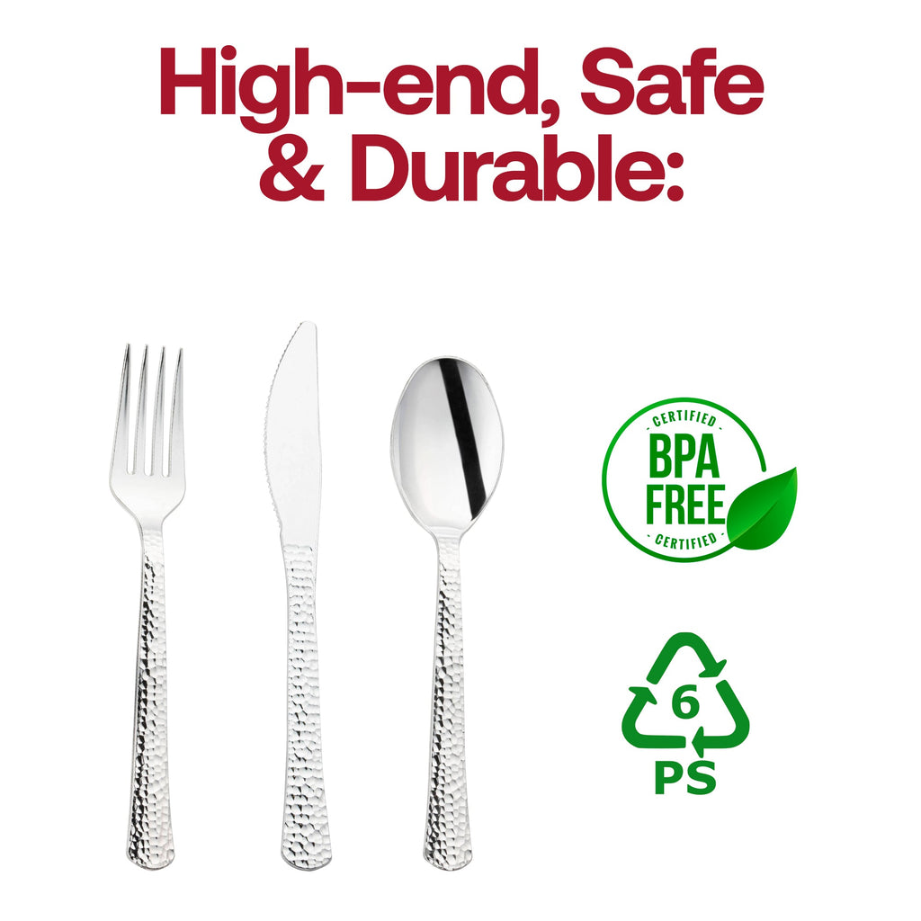 Shiny Metallic Silver Hammered Plastic Cutlery Set