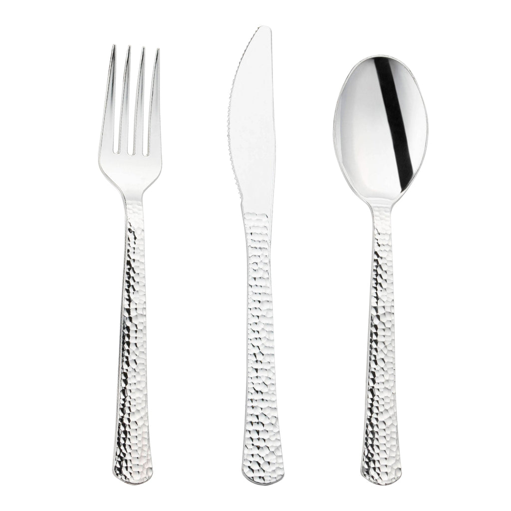 Shiny Metallic Silver Hammered Plastic Cutlery Set