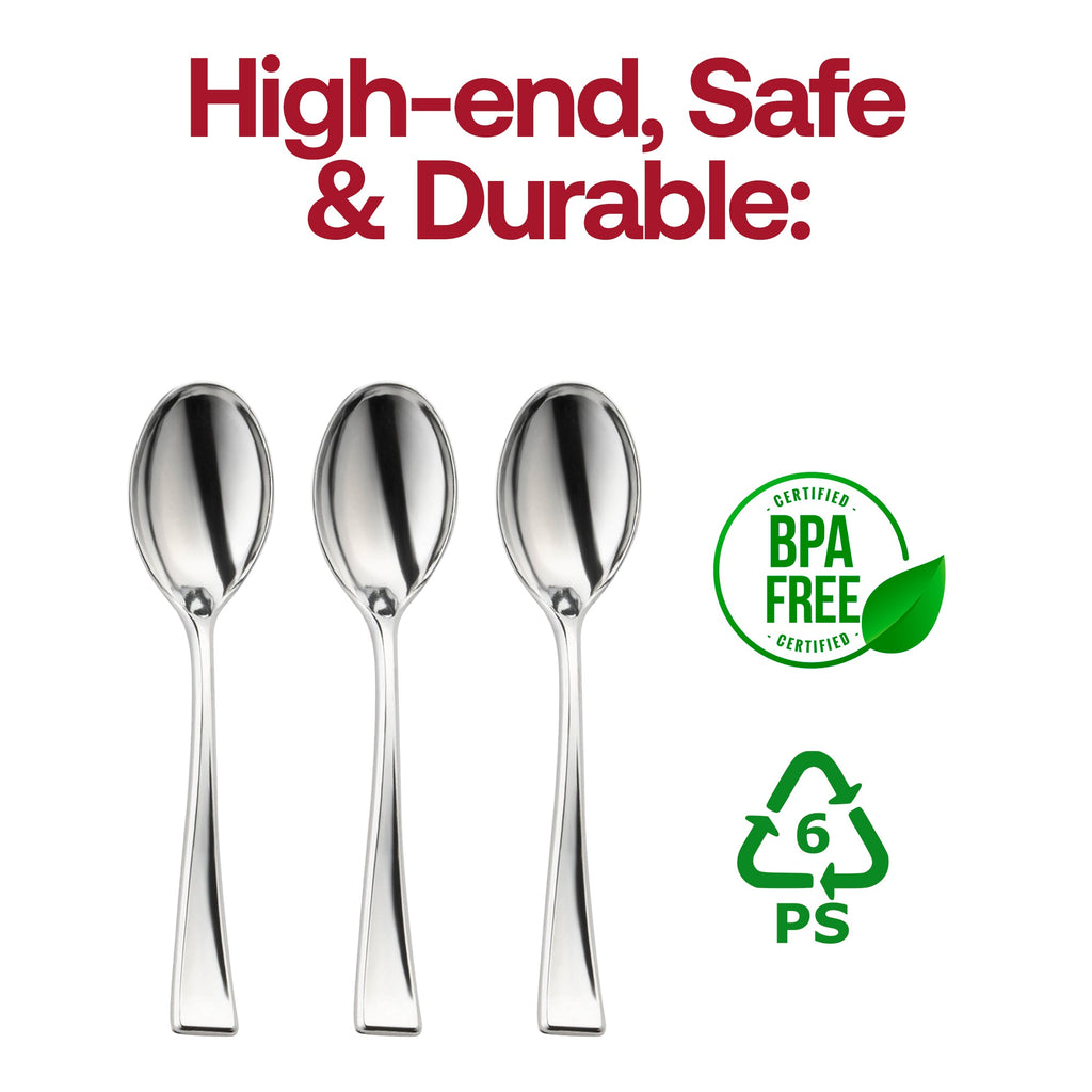 Shiny Metallic Silver Mini Plastic Disposable Tasting Spoons