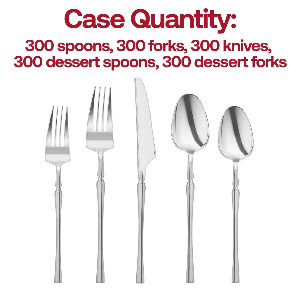 Shiny Silver Moderno Disposable Plastic Cutlery Set - 20 Spoons, 20 Forks, 20 Knives, 20 Dessert Spoons, and 20 Dessert Forks