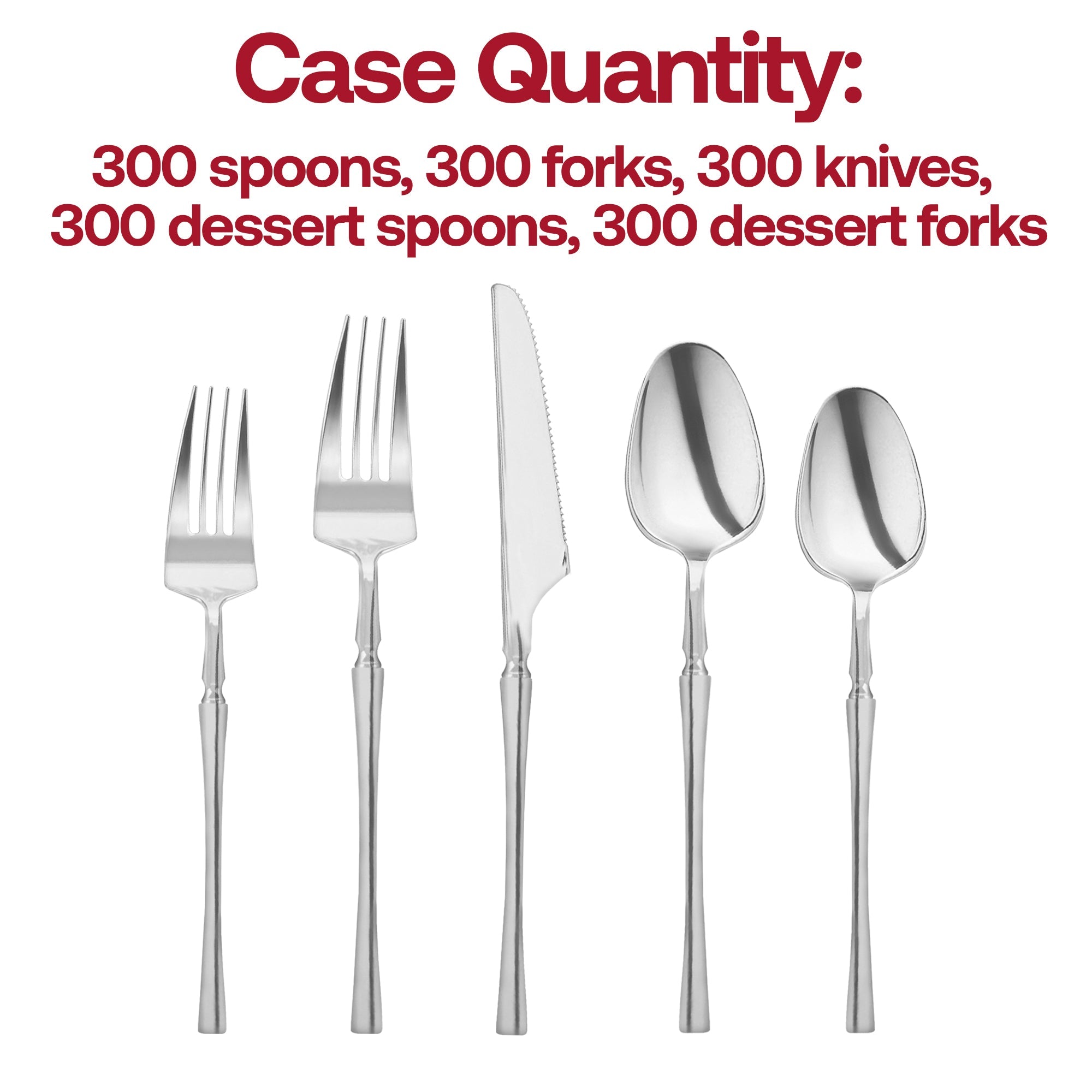 Shiny Silver Moderno Disposable Plastic Cutlery Set - 20 Spoons, 20 Forks, 20 Knives, 20 Dessert Spoons, and 20 Dessert Forks