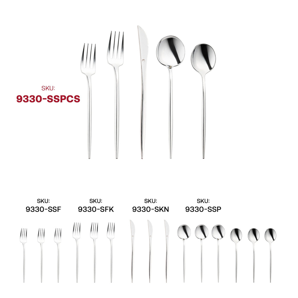 Shiny Silver Moderno Disposable Plastic Cutlery Set - 20 Spoons, 20 Forks, 20 Knives, 20 Dessert Spoons, and 20 Dessert Forks