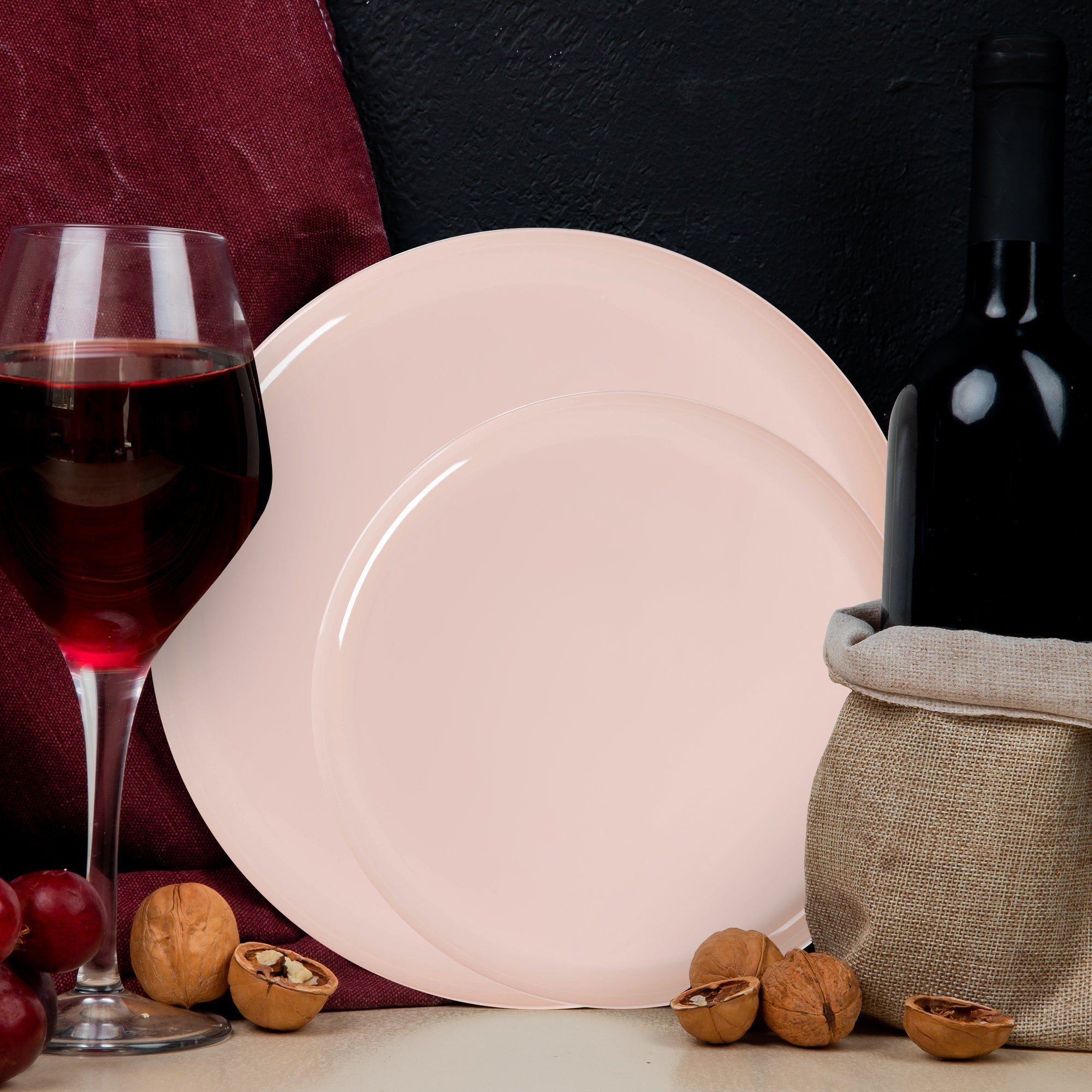 Pink Flat Round Disposable Plastic Dinnerware Value Set