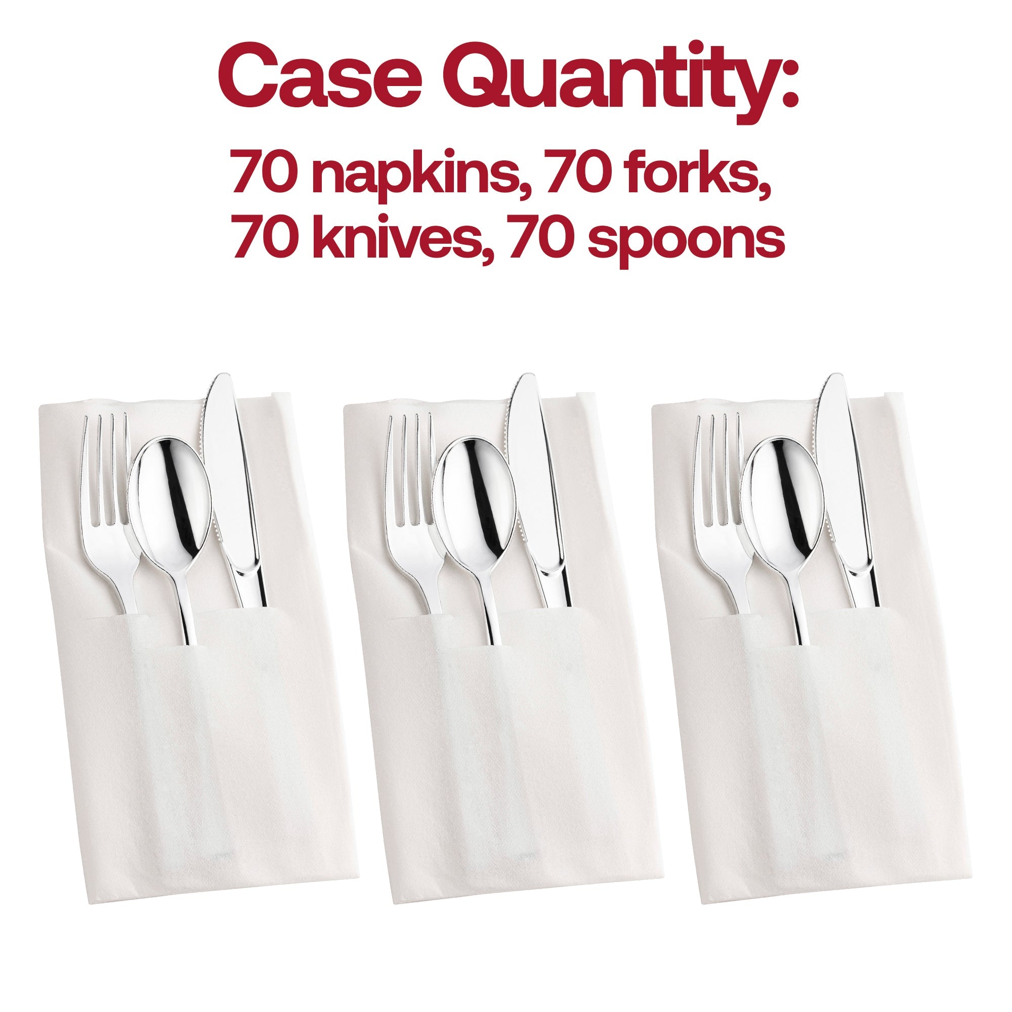 Silver Plastic Cutlery in White Pocket Napkin Set