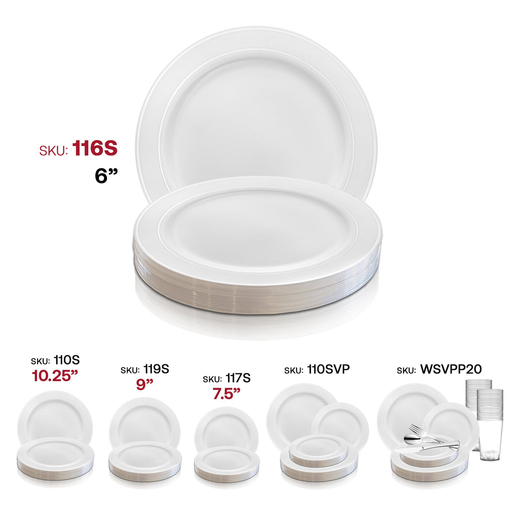 White with Silver Edge Rim Plastic Pastry Plates (6")
