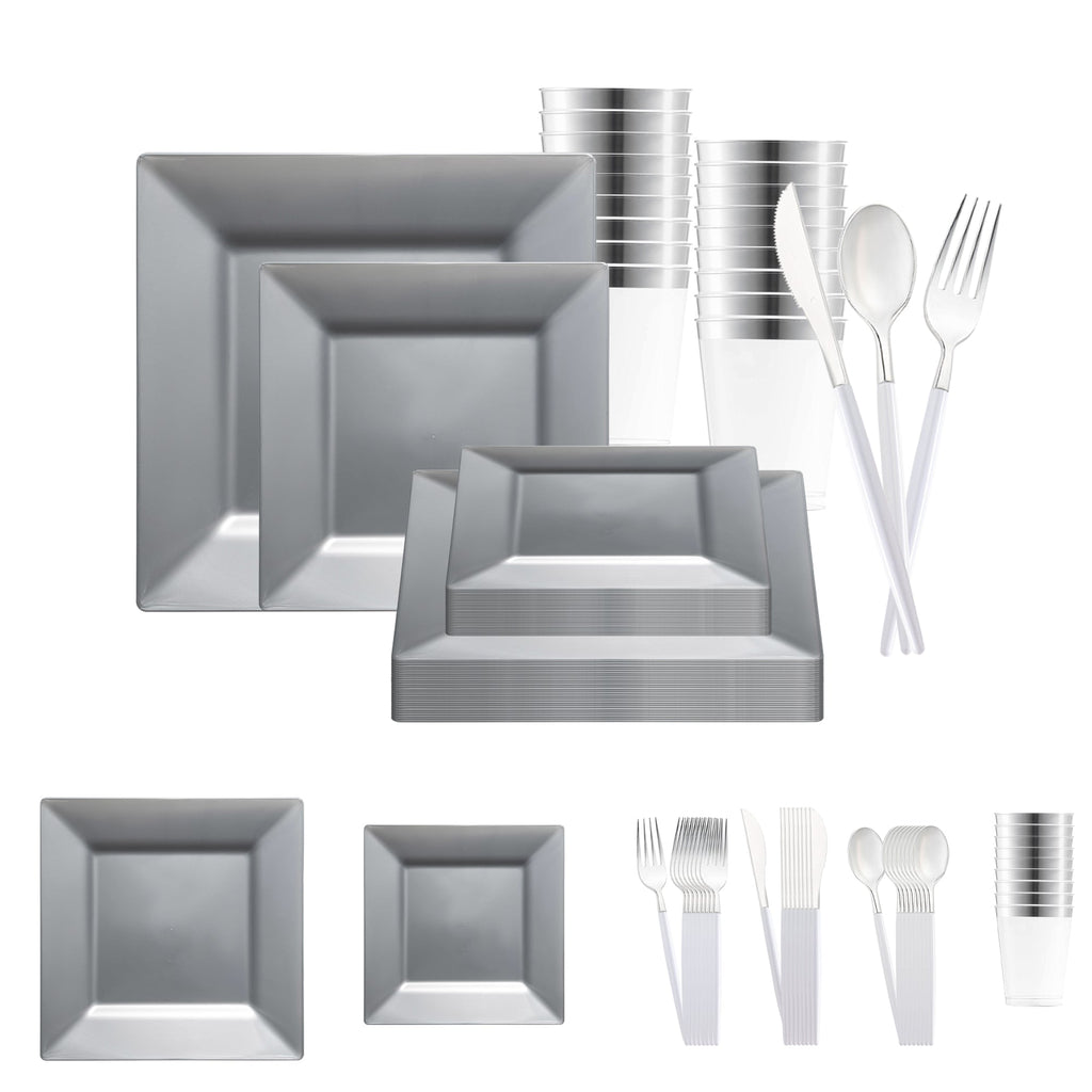 Silver Square Disposable Plastic Tableware Set