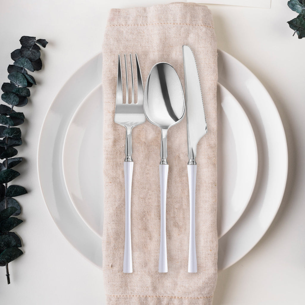 Silver with White Handle Moderno Disposable Plastic Cutlery Set - 20 Spoons, 20 Forks and 20 Knives