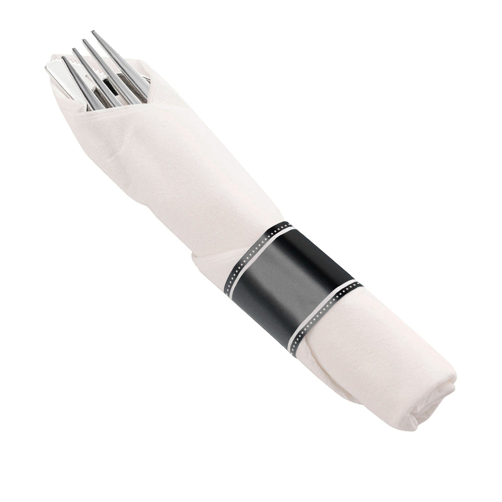 Silver Plastic Cutlery in White Napkin Rolls Set