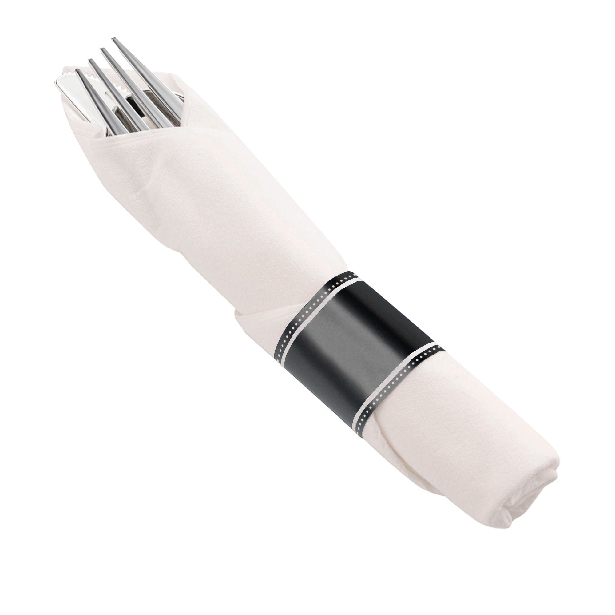 Silver Plastic Cutlery in White Napkin Rolls Set