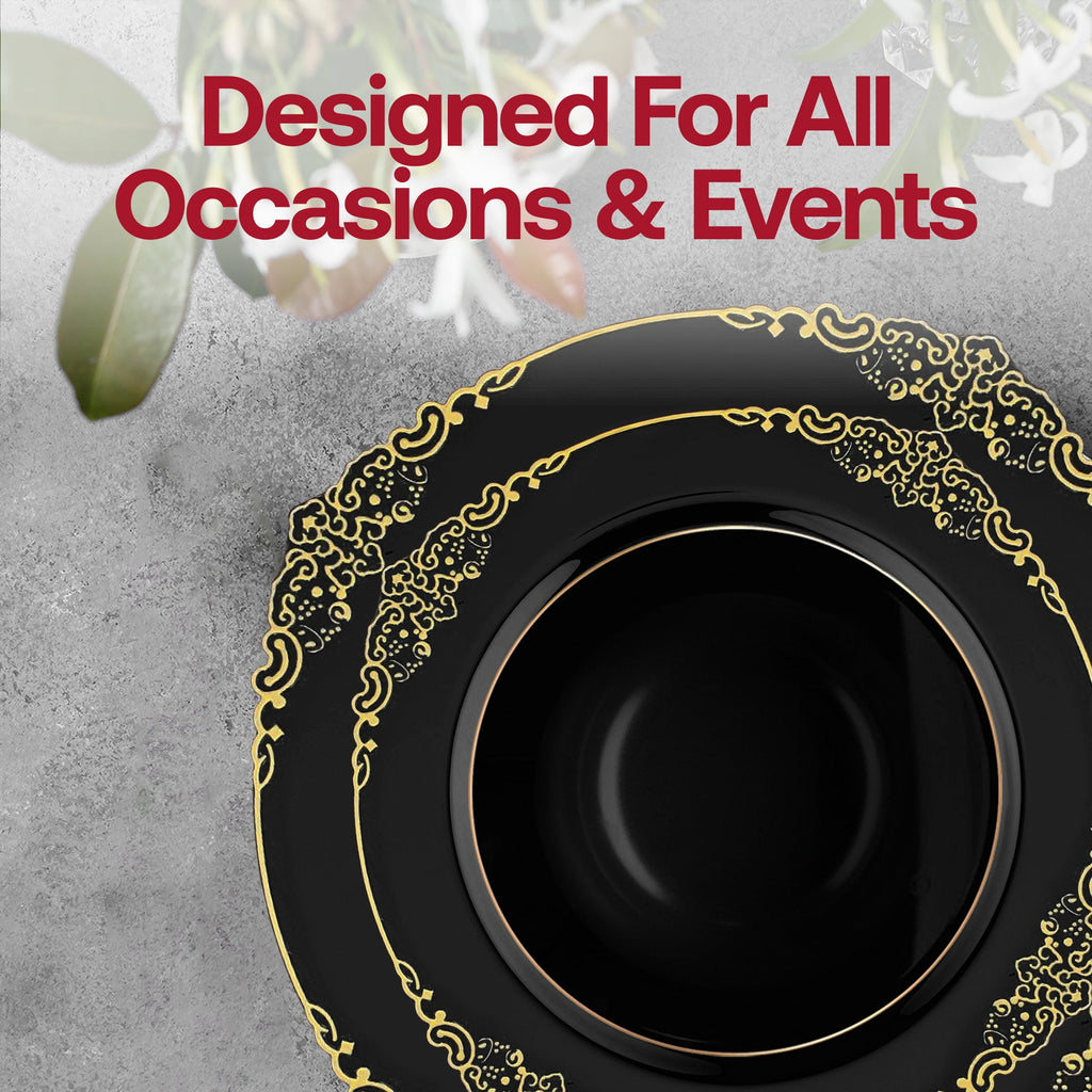 Black with Gold Fancy Round Disposable Plastic Tableware Set
