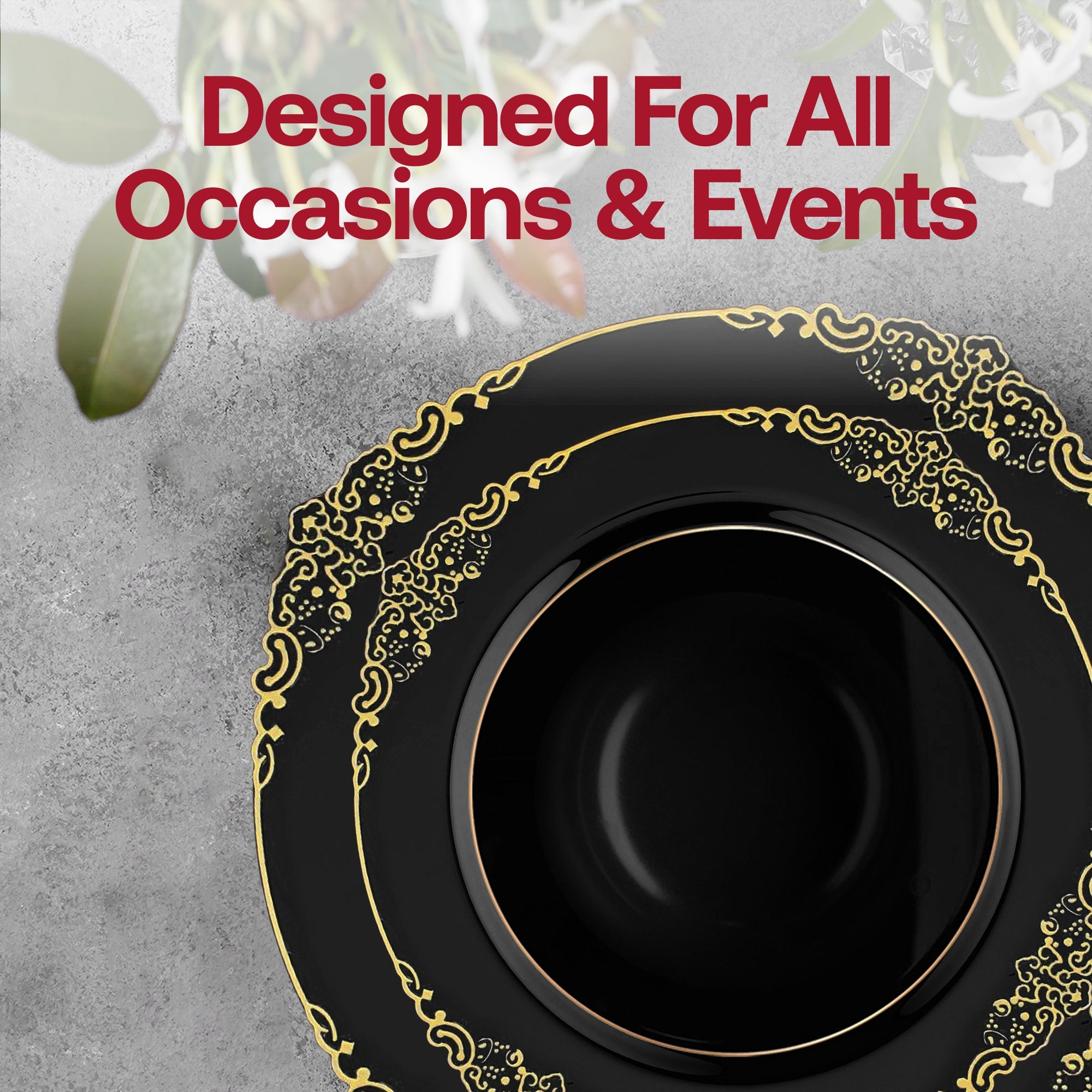Black with Gold Fancy Round Disposable Plastic Tableware Set