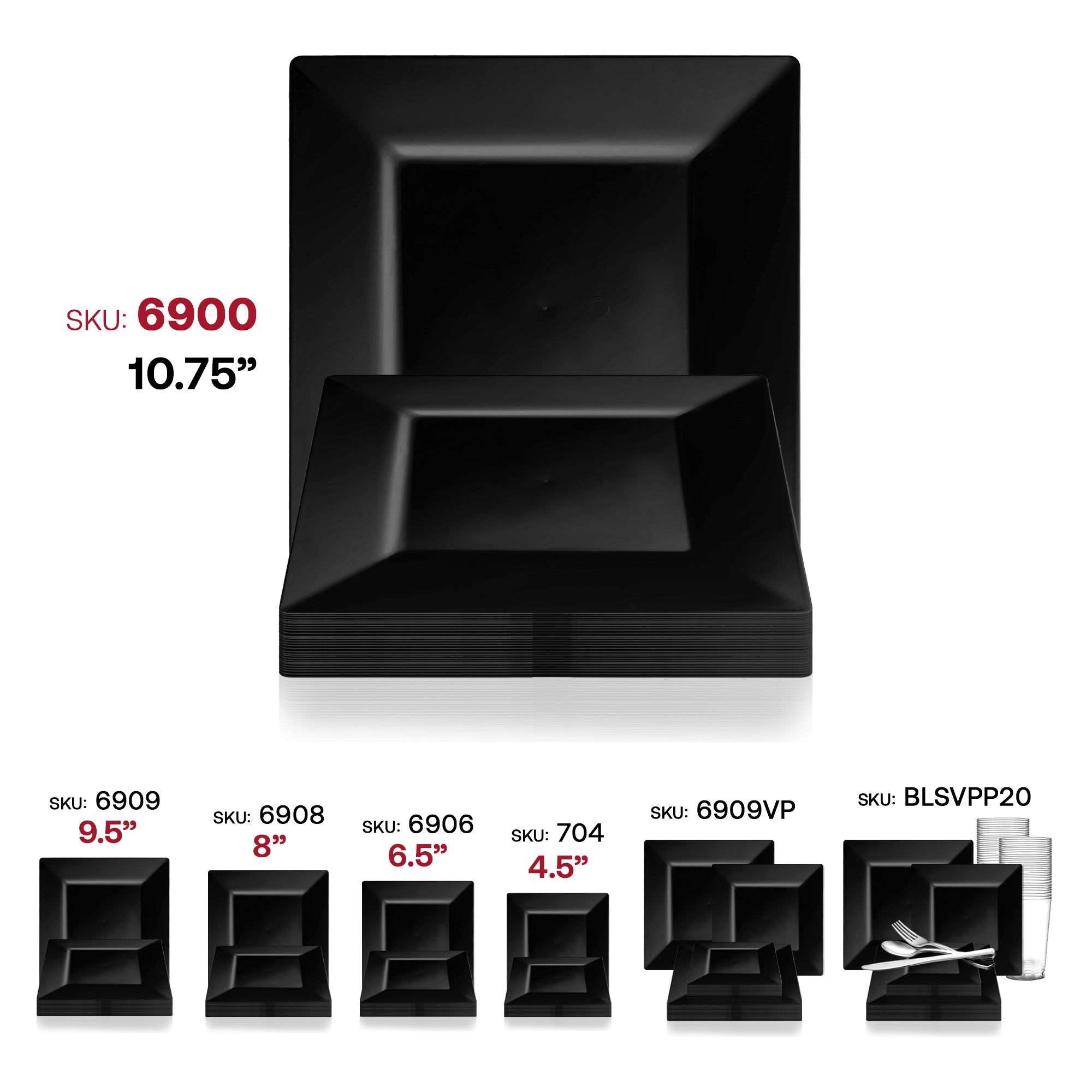 Black Square Plastic Dinner Plates (10.25")