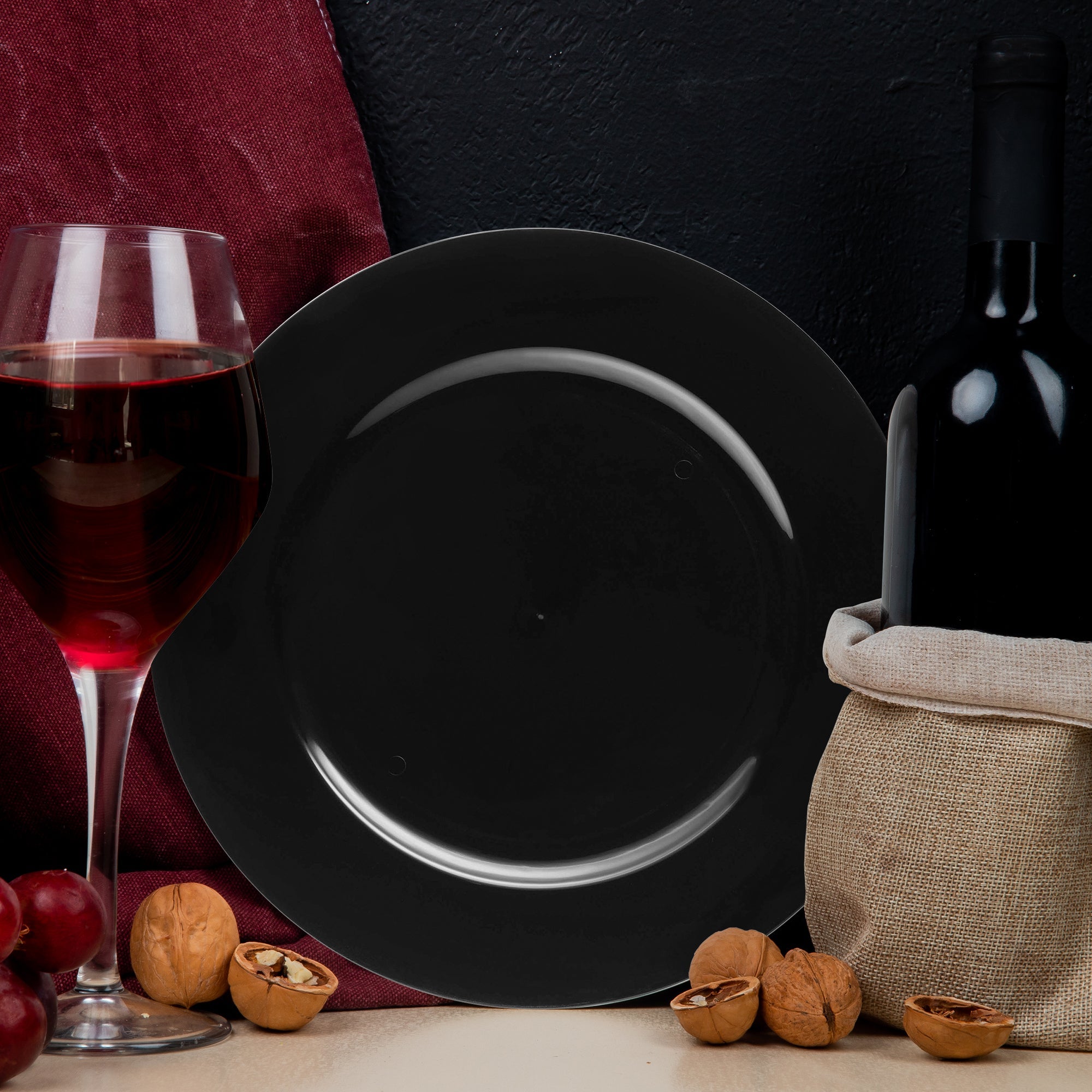 Black Round Disposable Plastic Charger Plates (13")