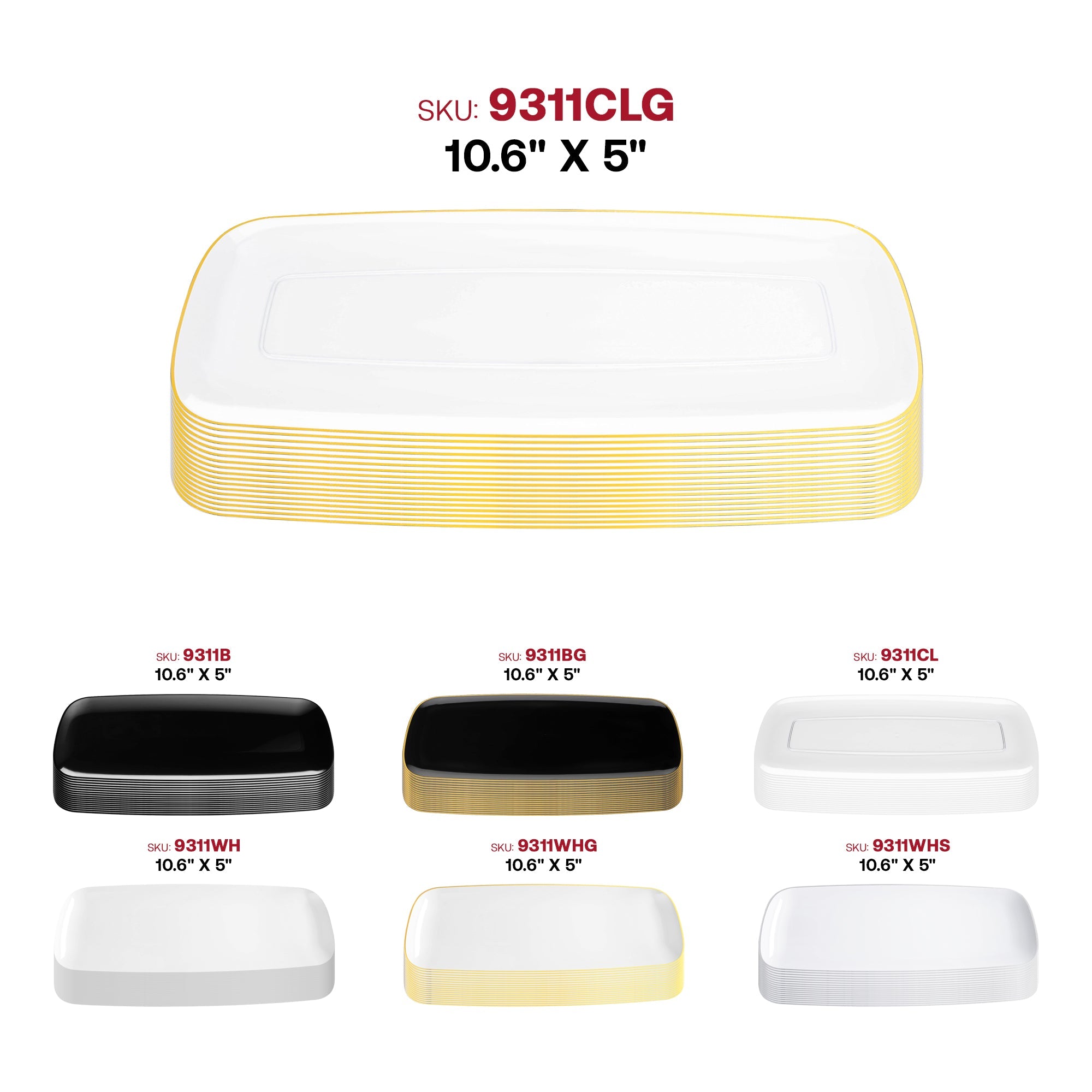 Clear with Gold Rim Flat Raised Edge Rectangular Disposable Plastic Plates (10.6" x 5")