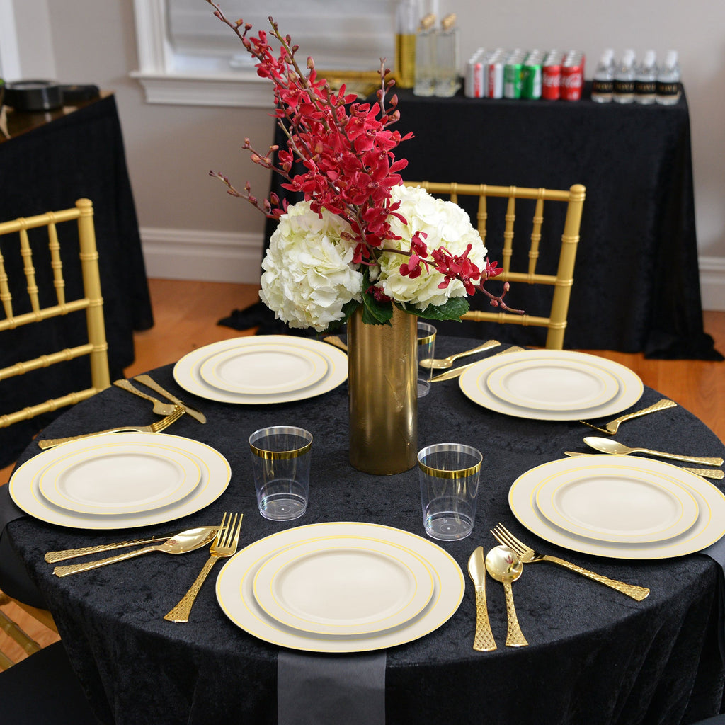 Ivory with Gold Edge Rim Plastic Plates Dinnerware Value Set