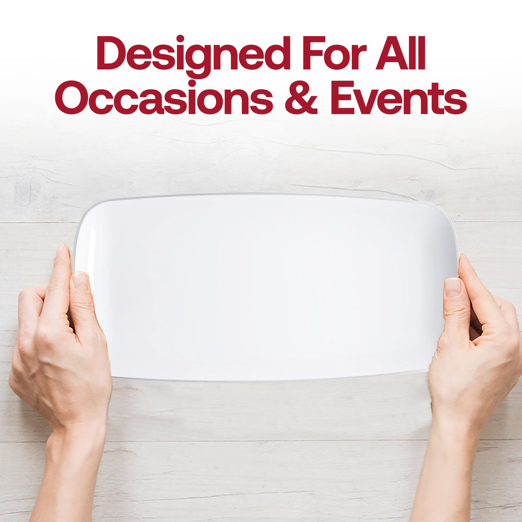 White with Silver Rim Flat Raised Edge Rectangular Disposable Plastic Plates (10.6" x 5")