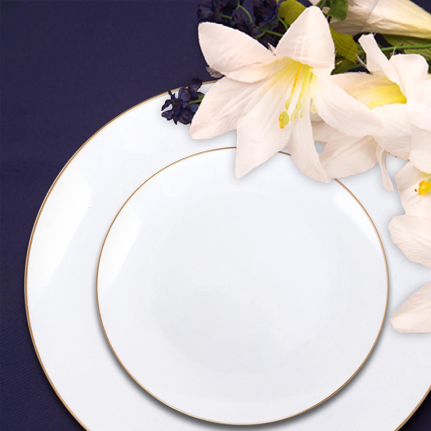 White with Gold Rim Organic Round Disposable Plastic Dinner Plates (10.25")