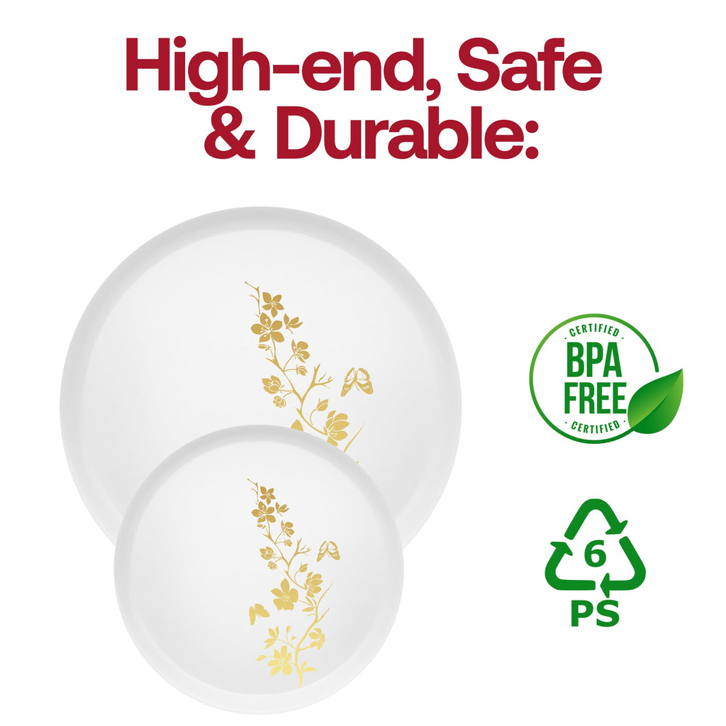 White with Gold Floral Round Plastic Pastry Plates (6.25")