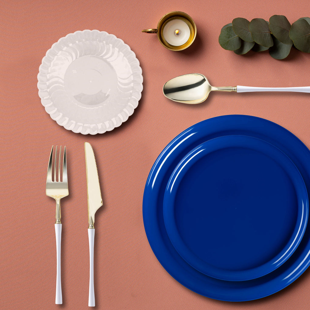 Solid Blue Flat Round Disposable Plastic Tableware Set