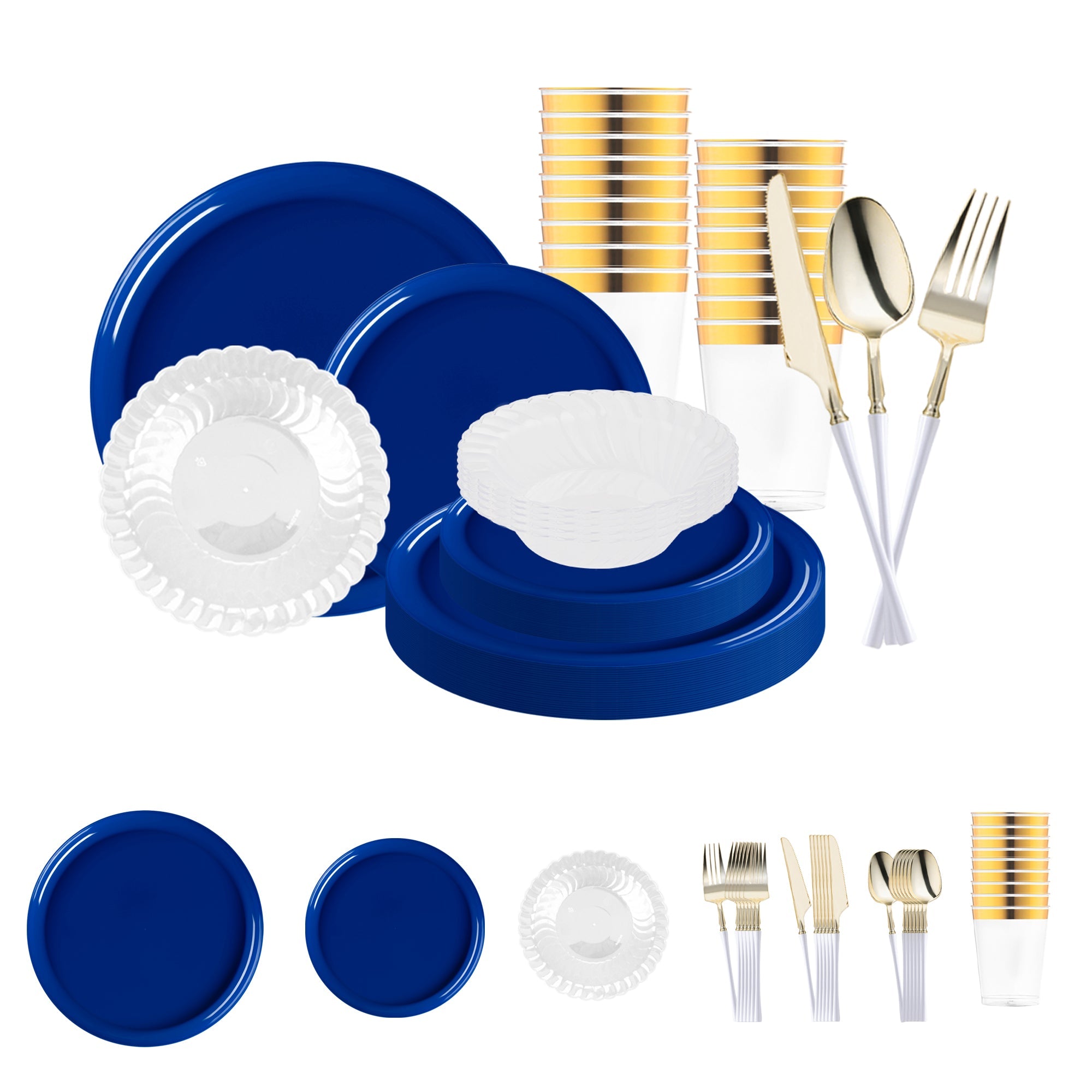 Solid Blue Flat Round Disposable Plastic Tableware Set