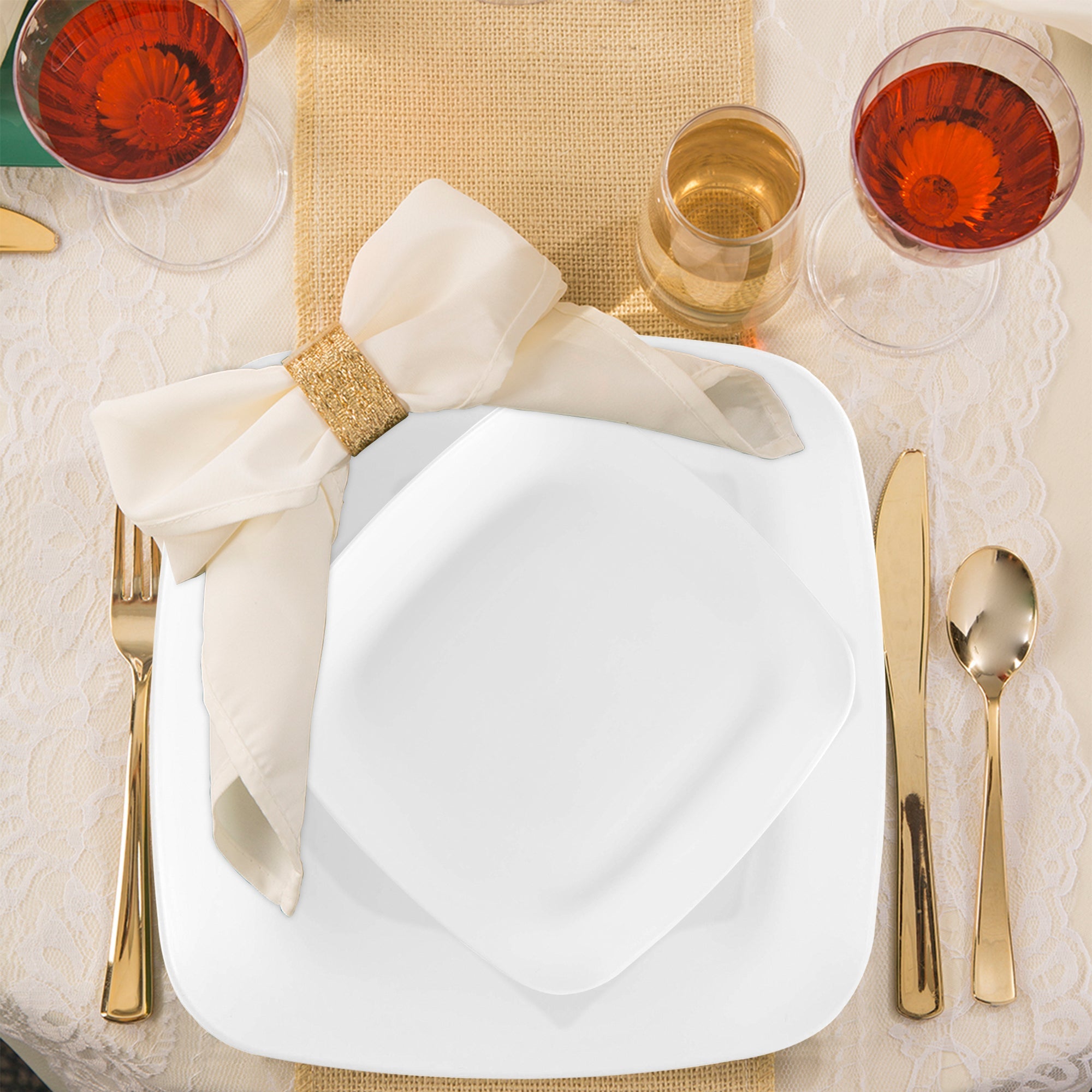 Solid White Flat Rounded Square Disposable Plastic Wedding Value Set